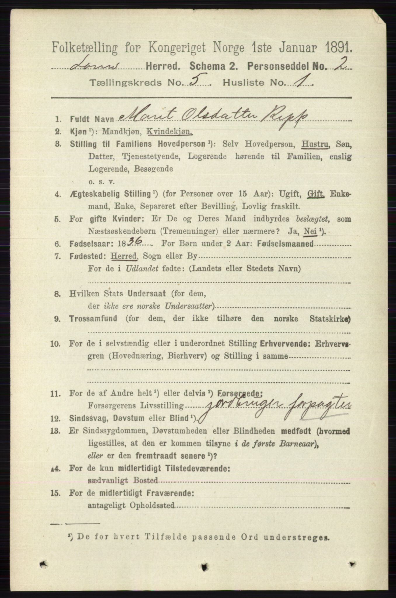 RA, 1891 census for 0514 Lom, 1891, p. 1852