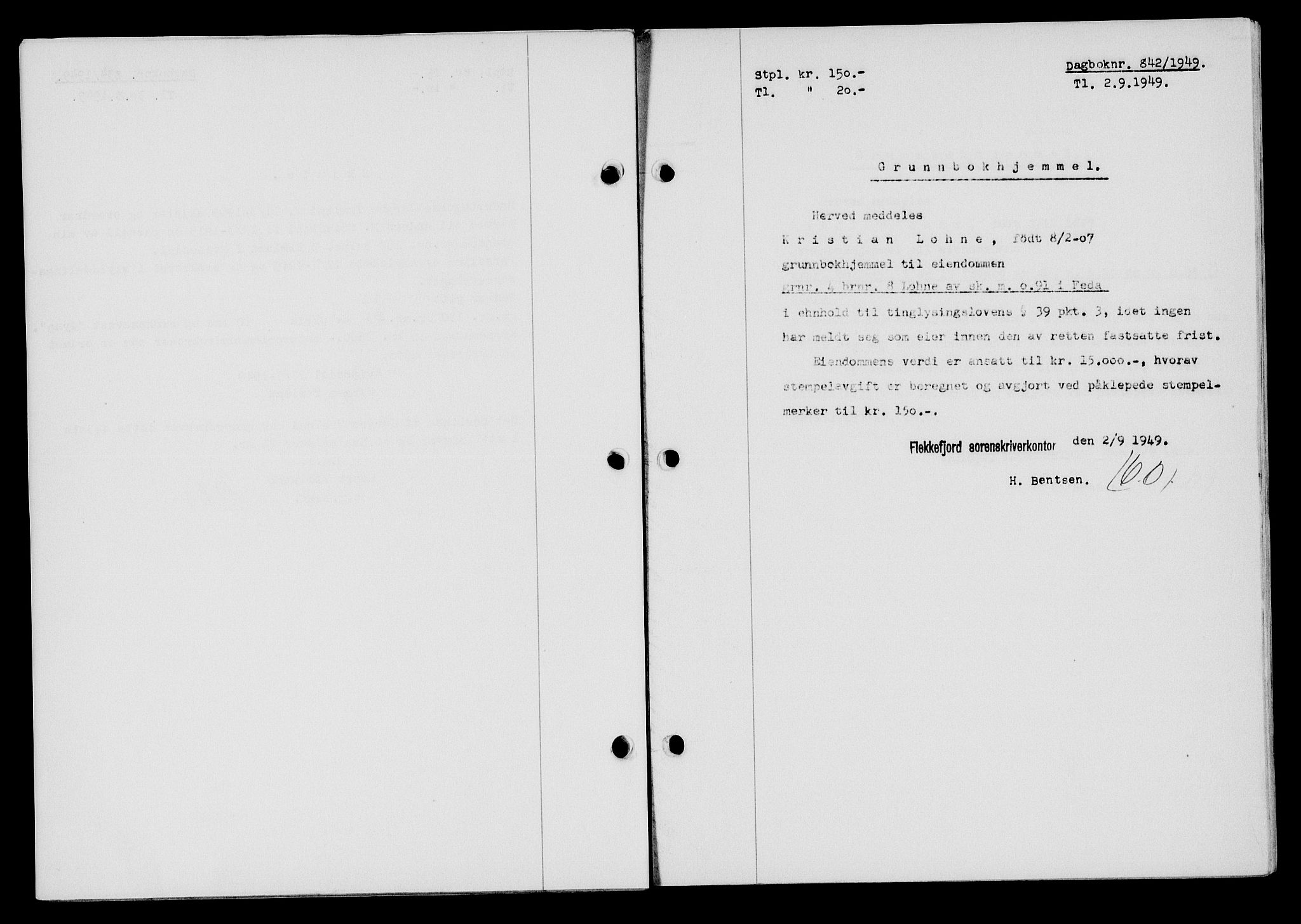 Flekkefjord sorenskriveri, SAK/1221-0001/G/Gb/Gba/L0065: Mortgage book no. A-13, 1949-1949, Diary no: : 842/1949