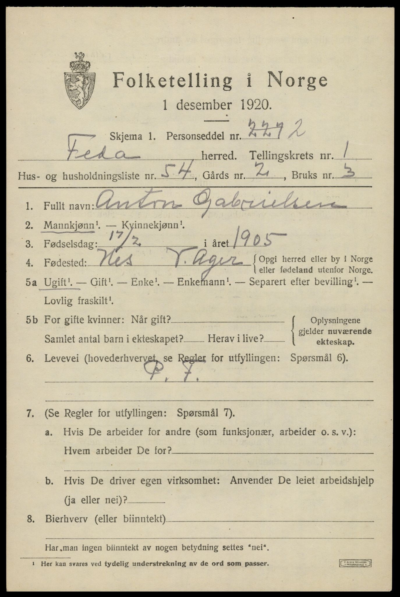 SAK, 1920 census for Feda, 1920, p. 907