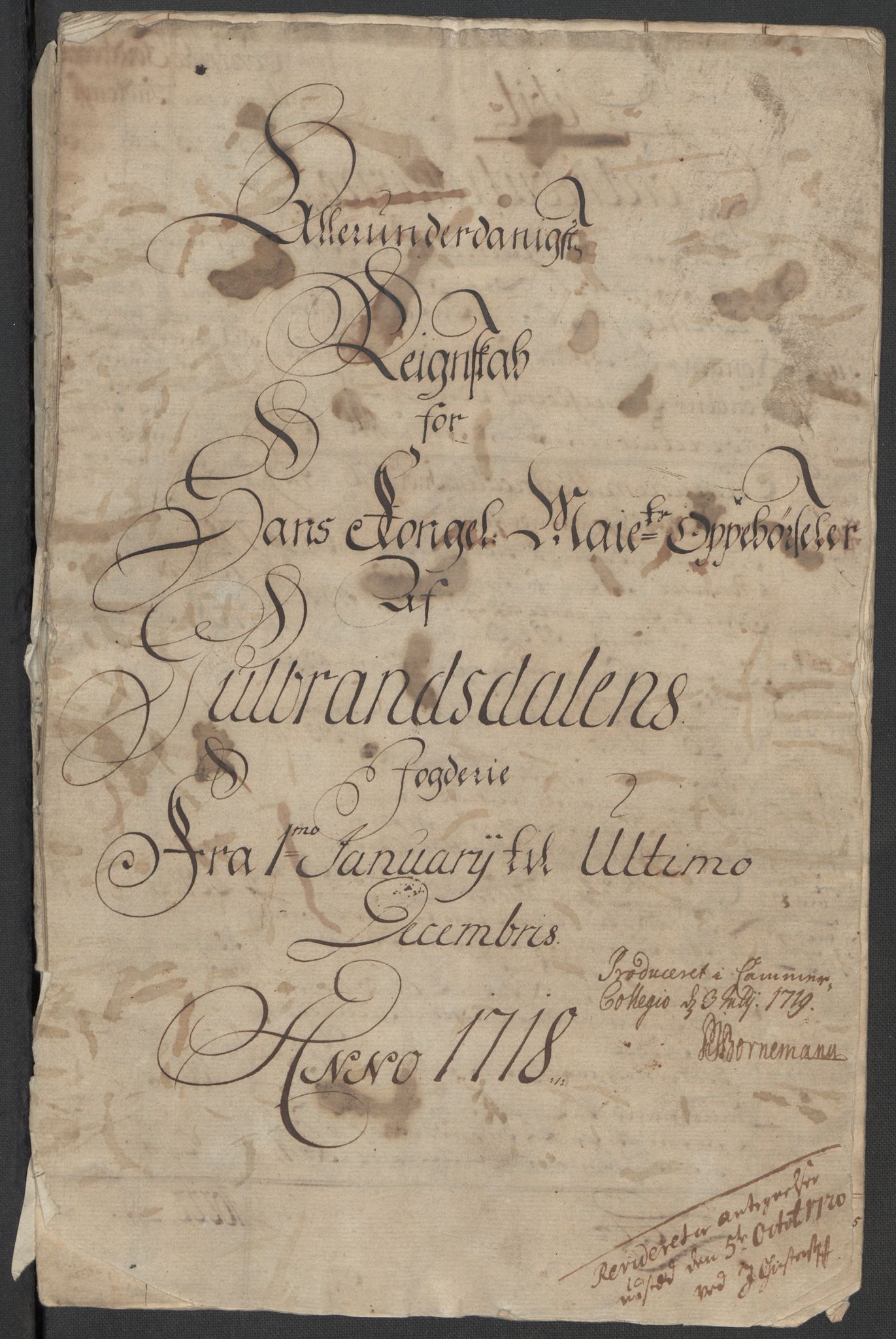 Rentekammeret inntil 1814, Reviderte regnskaper, Fogderegnskap, AV/RA-EA-4092/R17/L1188: Fogderegnskap Gudbrandsdal, 1718, p. 3