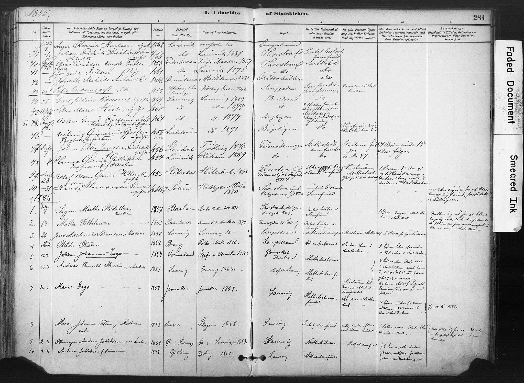 Larvik kirkebøker, SAKO/A-352/F/Fa/L0010: Parish register (official) no. I 10, 1884-1910, p. 284
