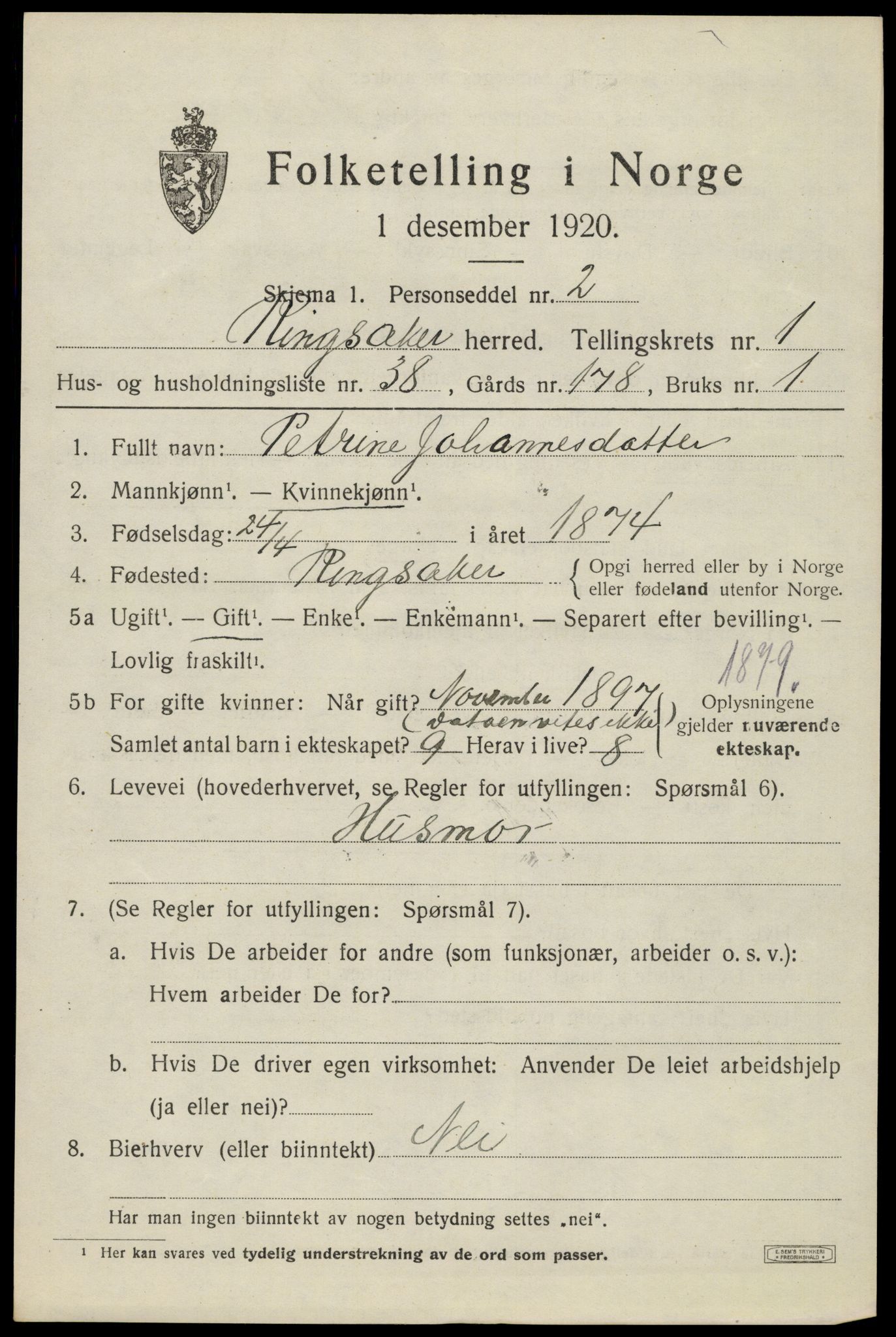 SAH, 1920 census for Ringsaker, 1920, p. 4786