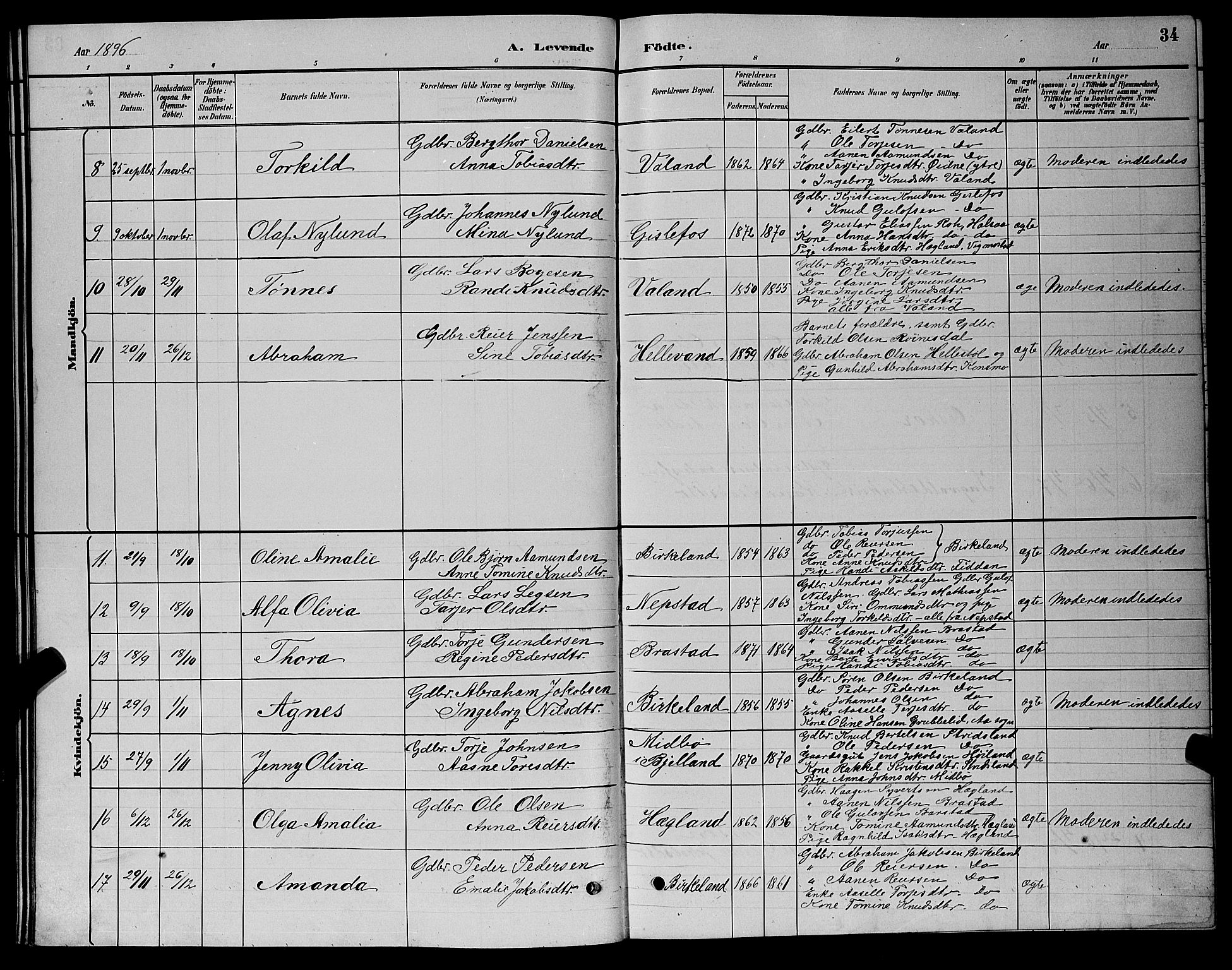 Nord-Audnedal sokneprestkontor, AV/SAK-1111-0032/F/Fb/Fba/L0003: Parish register (copy) no. B 3, 1881-1900, p. 34