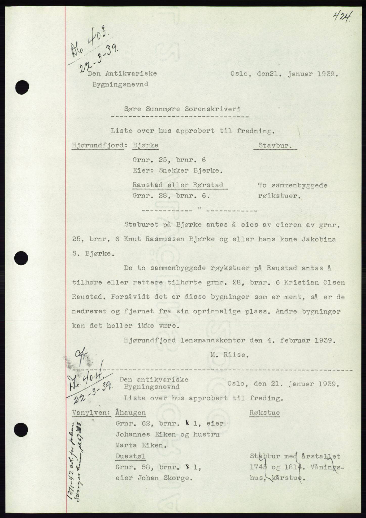 Søre Sunnmøre sorenskriveri, AV/SAT-A-4122/1/2/2C/L0067: Mortgage book no. 61, 1938-1939, Diary no: : 403/1939