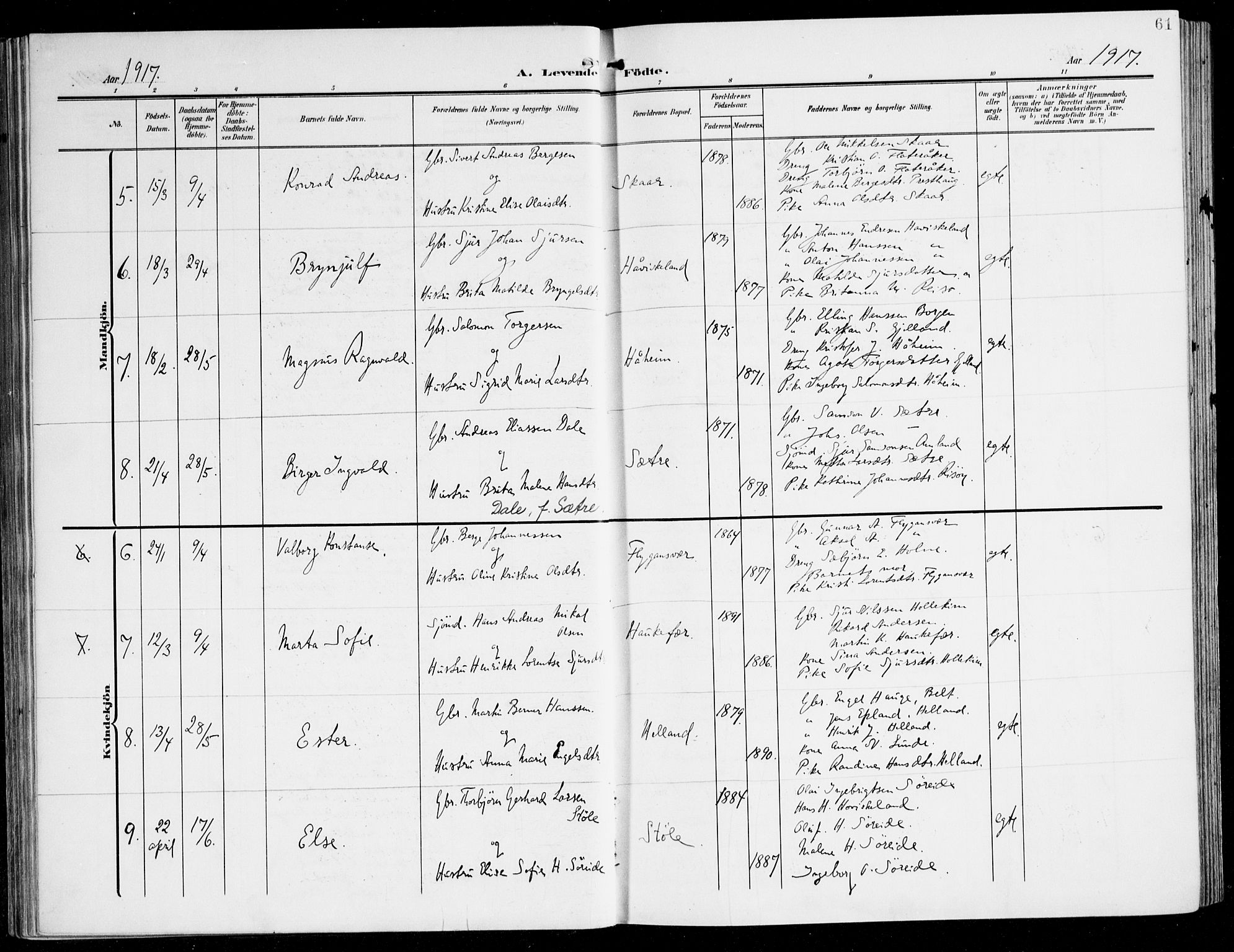 Tysnes sokneprestembete, SAB/A-78601/H/Haa: Parish register (official) no. D 2, 1905-1922, p. 61