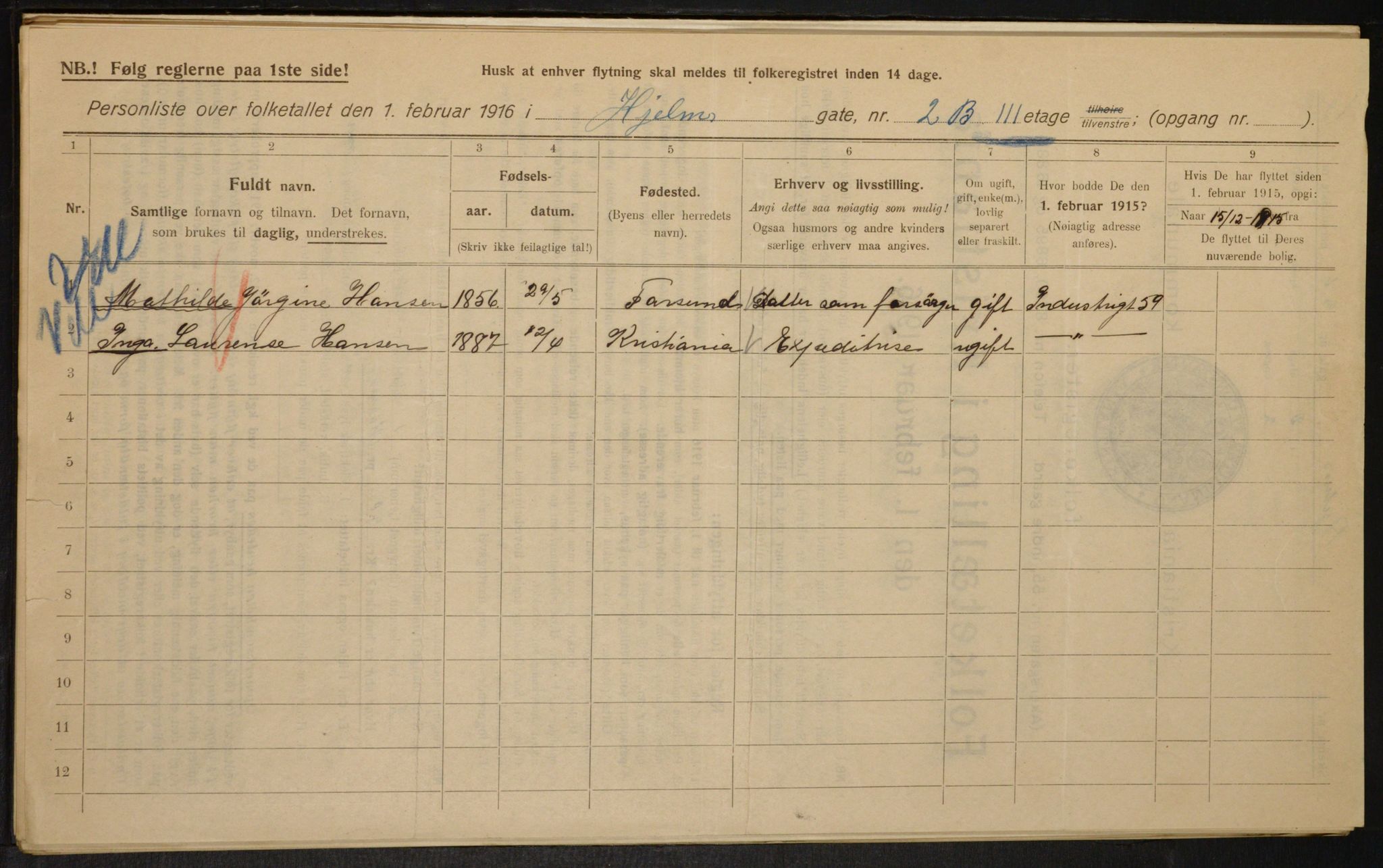 OBA, Municipal Census 1916 for Kristiania, 1916, p. 40807