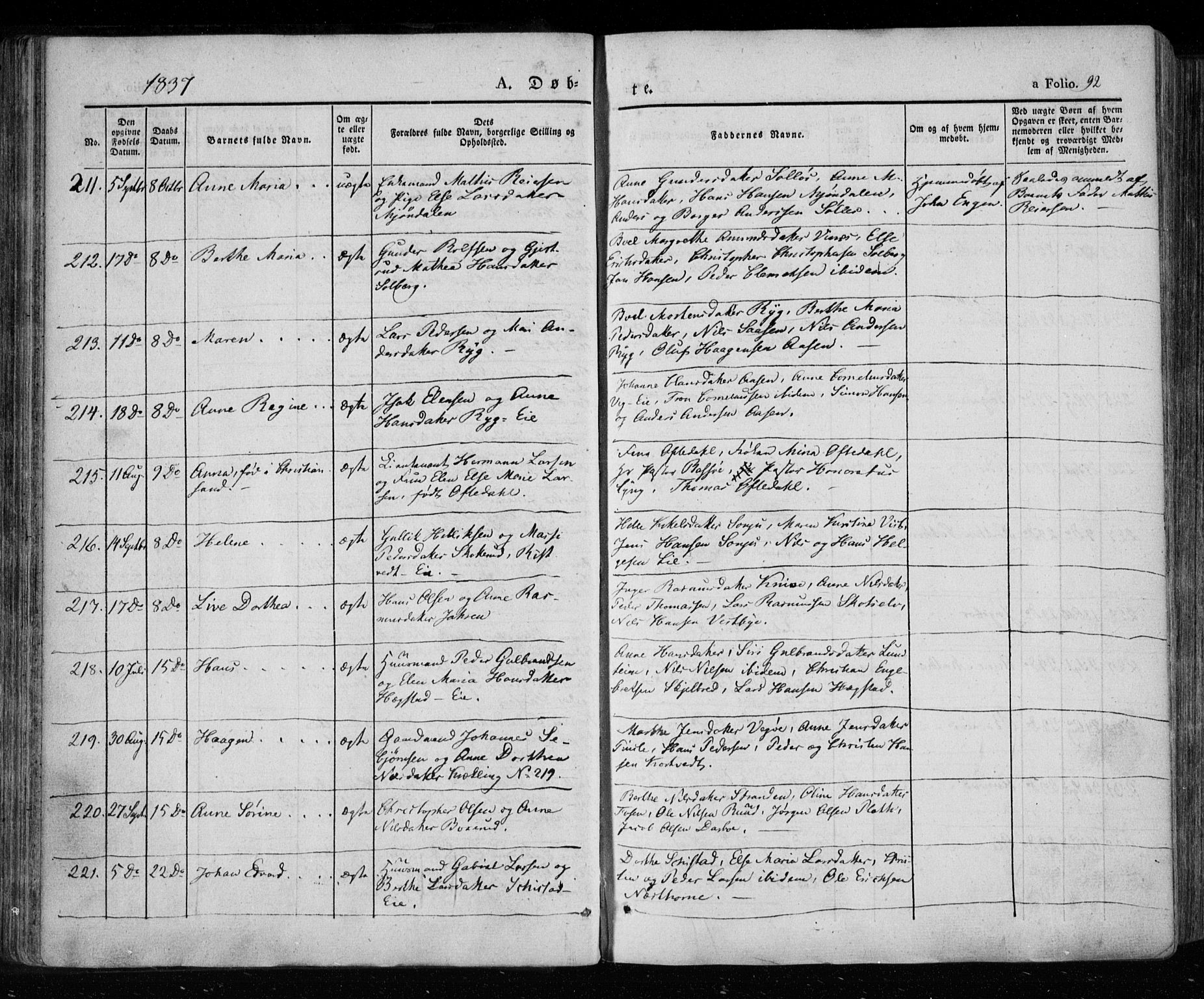 Eiker kirkebøker, SAKO/A-4/F/Fa/L0013a: Parish register (official) no. I 13A, 1832-1845, p. 92