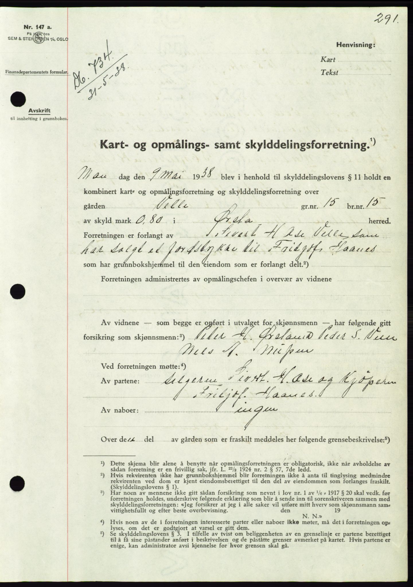 Søre Sunnmøre sorenskriveri, AV/SAT-A-4122/1/2/2C/L0065: Mortgage book no. 59, 1938-1938, Diary no: : 734/1938