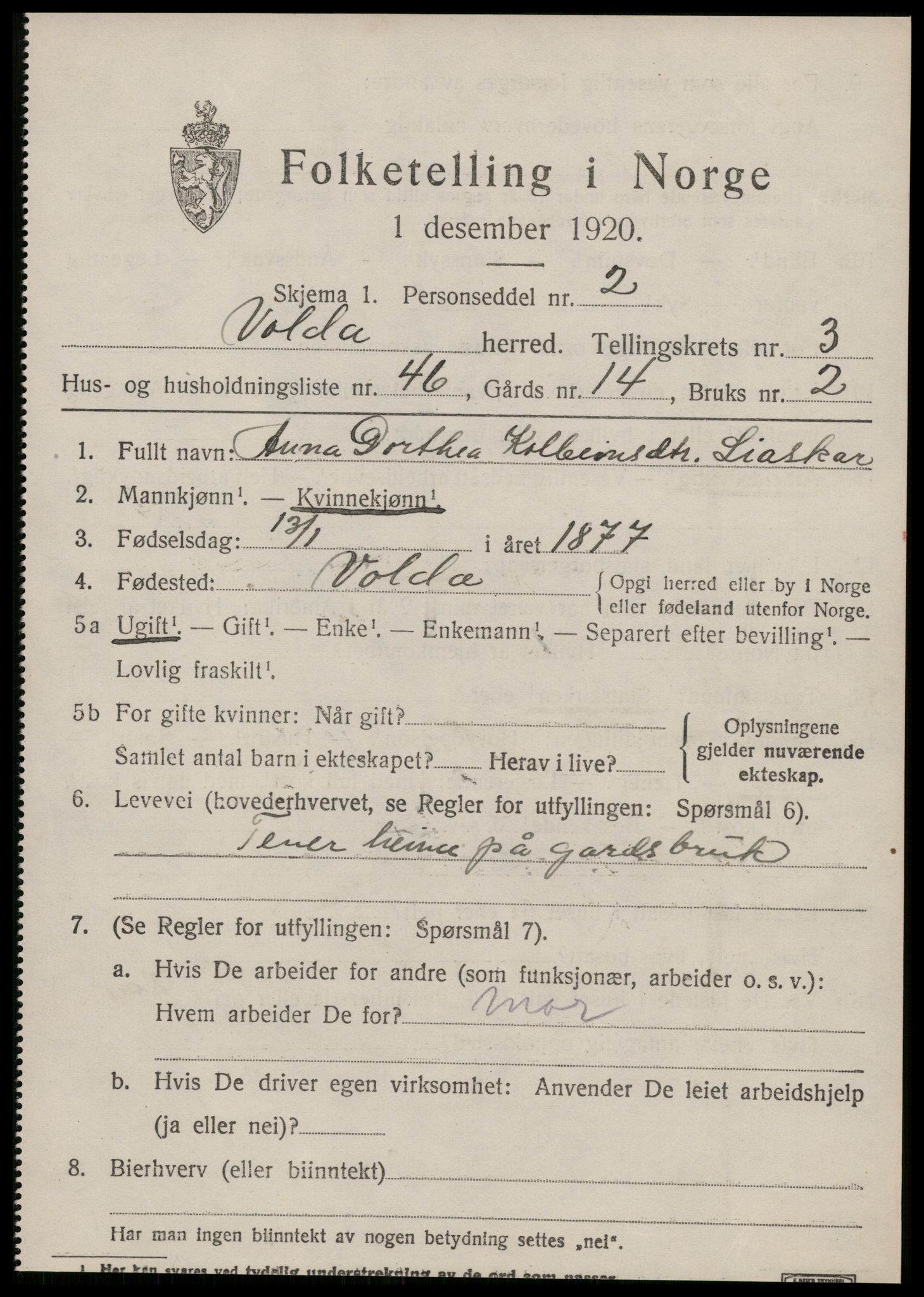 SAT, 1920 census for Volda, 1920, p. 2900