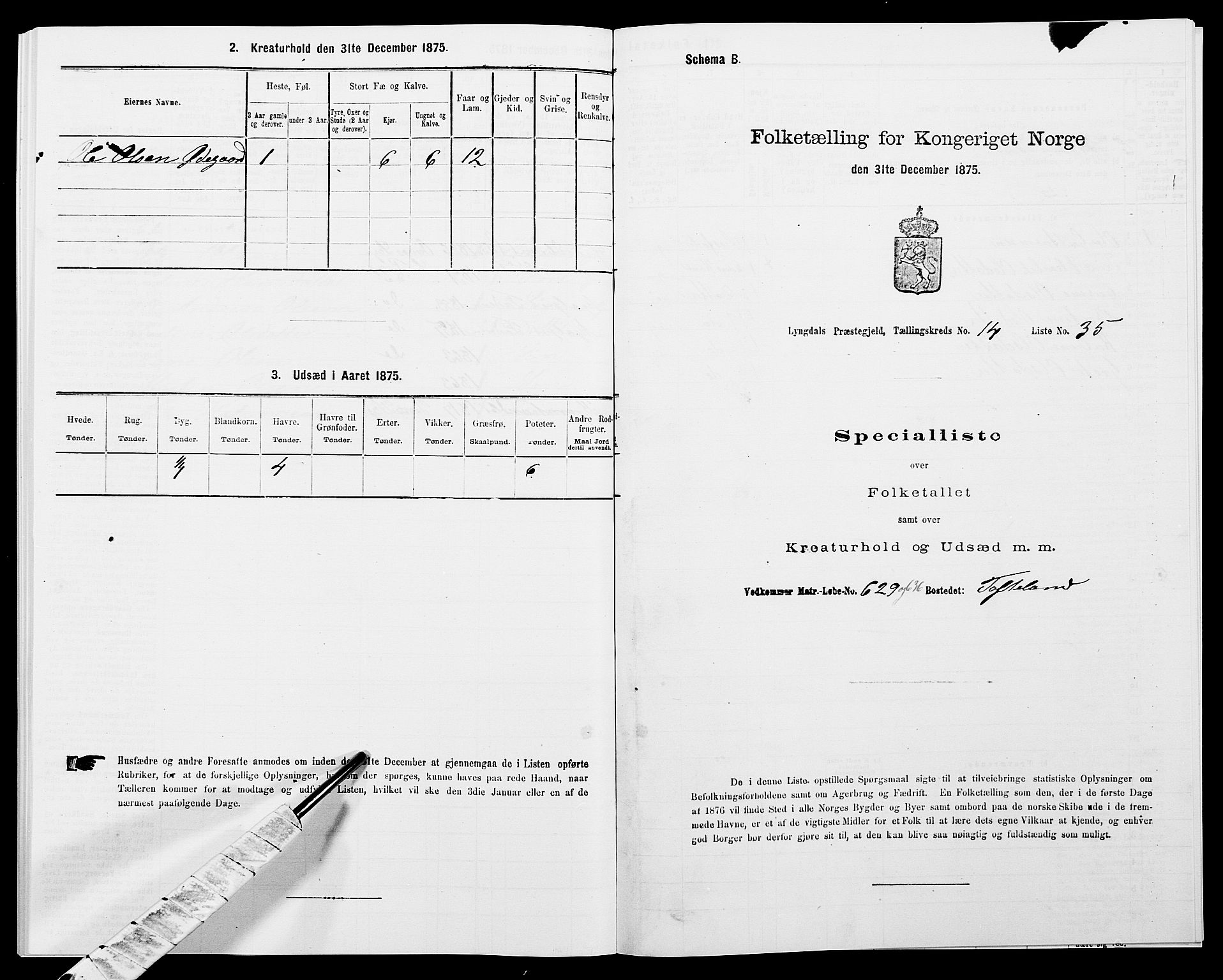 SAK, 1875 census for 1032P Lyngdal, 1875, p. 2085