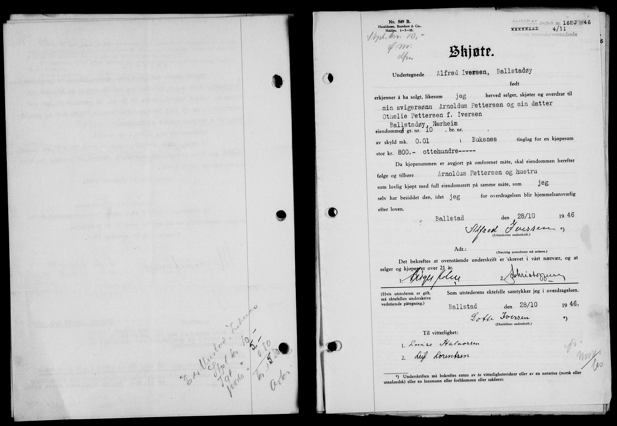 Lofoten sorenskriveri, SAT/A-0017/1/2/2C/L0015a: Mortgage book no. 15a, 1946-1947, Diary no: : 1620/1946