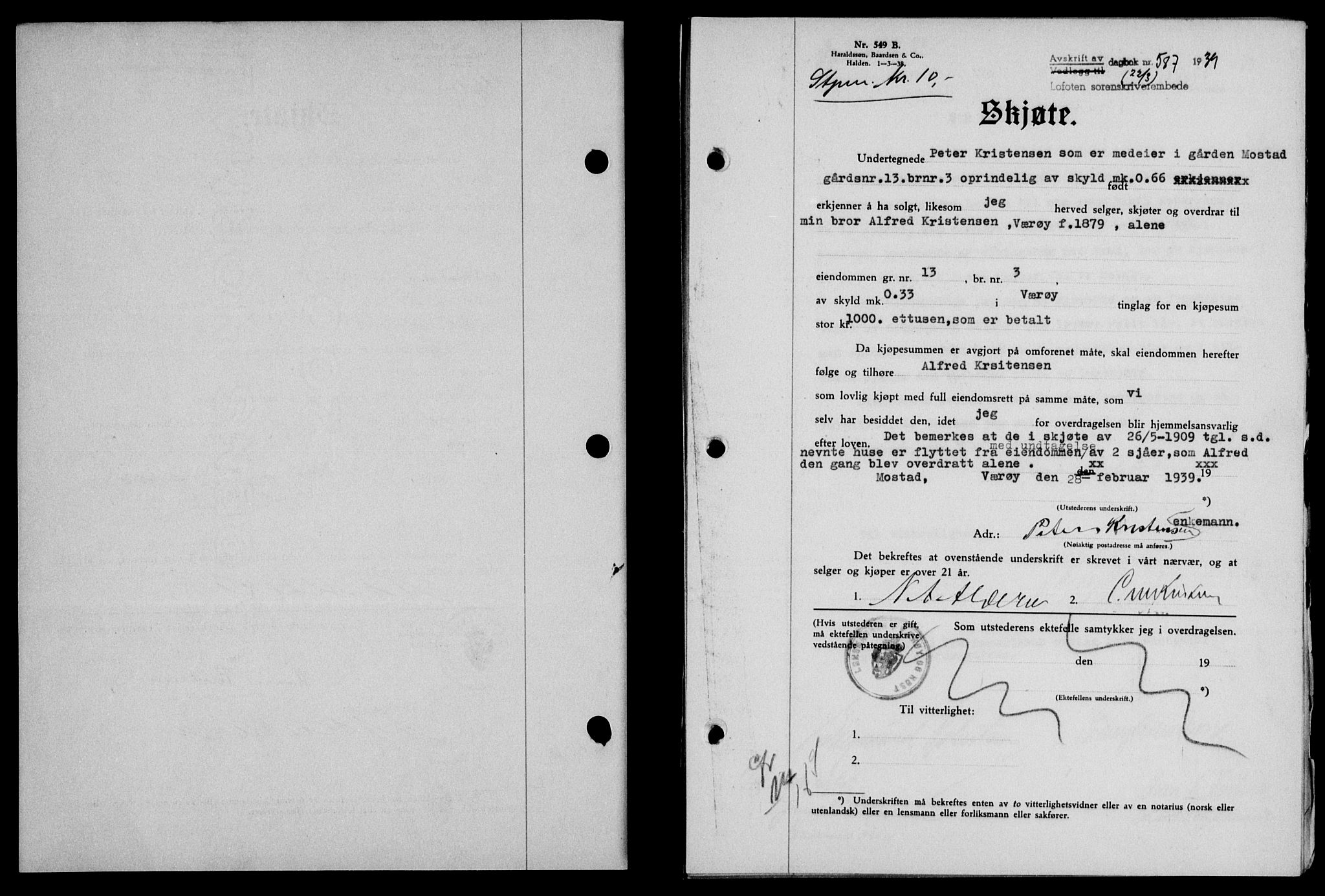 Lofoten sorenskriveri, SAT/A-0017/1/2/2C/L0005a: Mortgage book no. 5a, 1939-1939, Diary no: : 587/1939