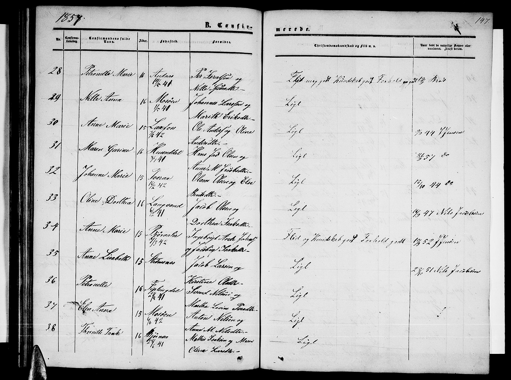 Ministerialprotokoller, klokkerbøker og fødselsregistre - Nordland, AV/SAT-A-1459/820/L0301: Parish register (copy) no. 820C03, 1851-1858, p. 147