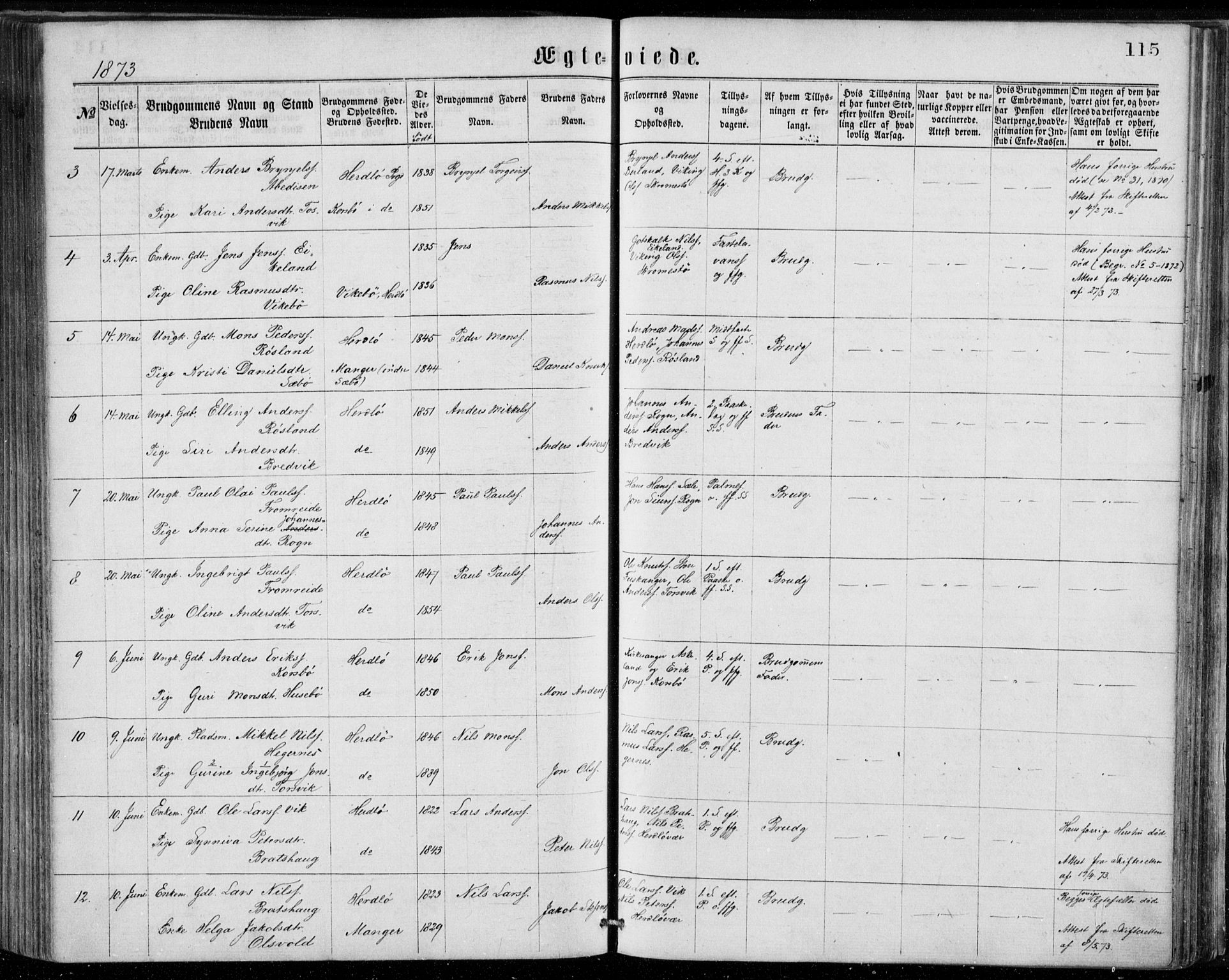 Herdla Sokneprestembete, AV/SAB-A-75701/H/Haa: Parish register (official) no. A 2, 1869-1877, p. 115