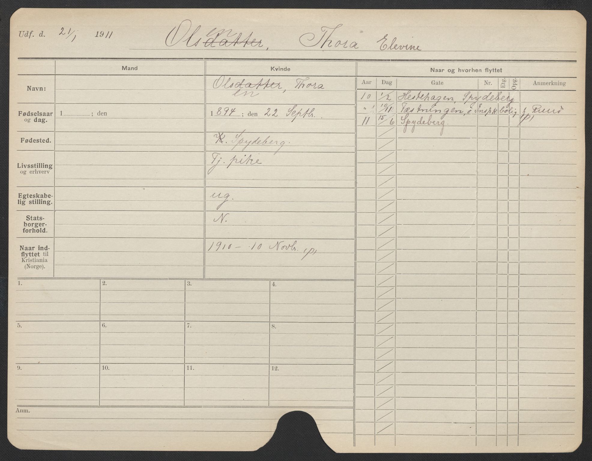 Oslo folkeregister, Registerkort, AV/SAO-A-11715/F/Fa/Fac/L0022: Kvinner, 1906-1914, p. 372a