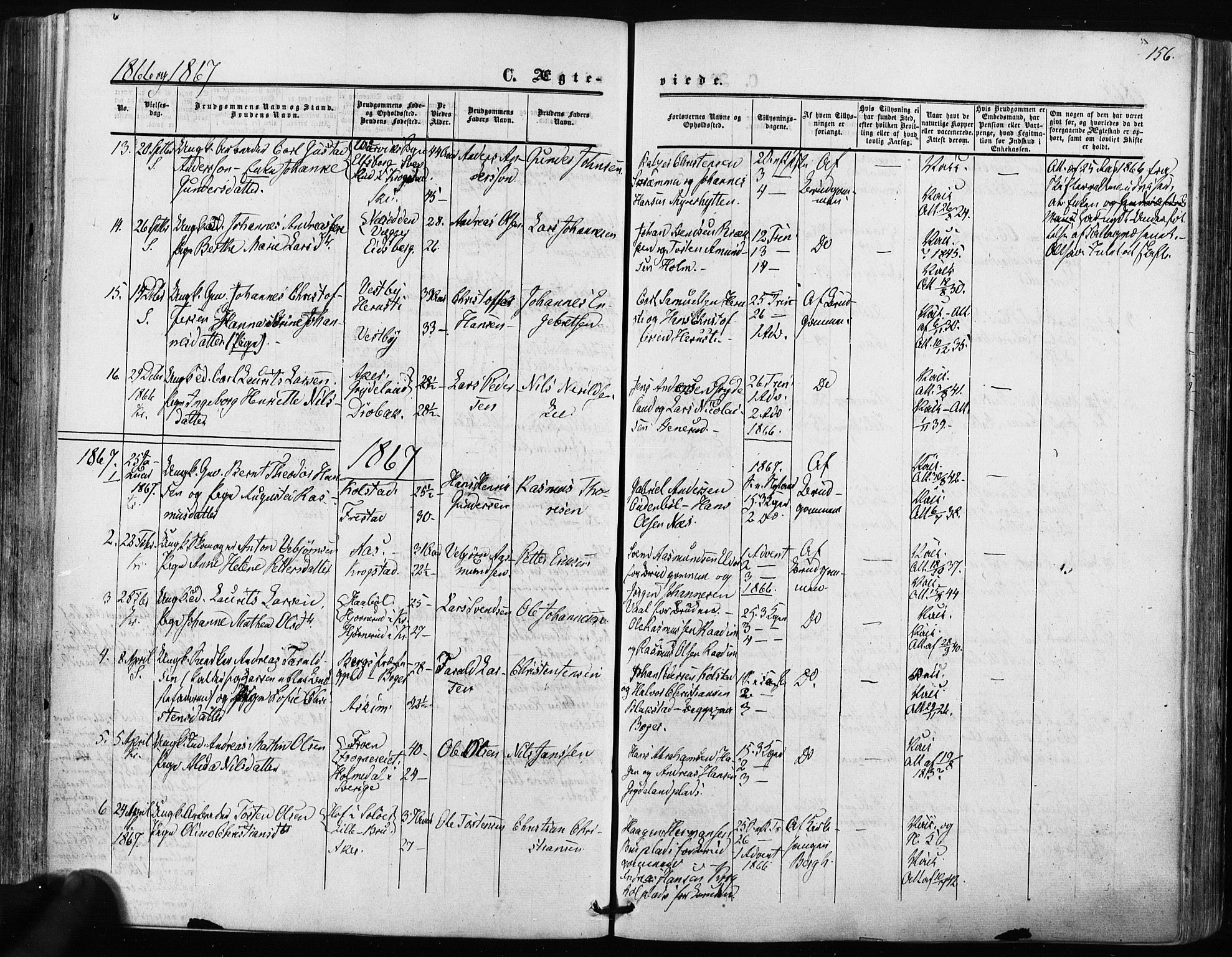 Kråkstad prestekontor Kirkebøker, SAO/A-10125a/F/Fa/L0007: Parish register (official) no. I 7, 1858-1870, p. 156