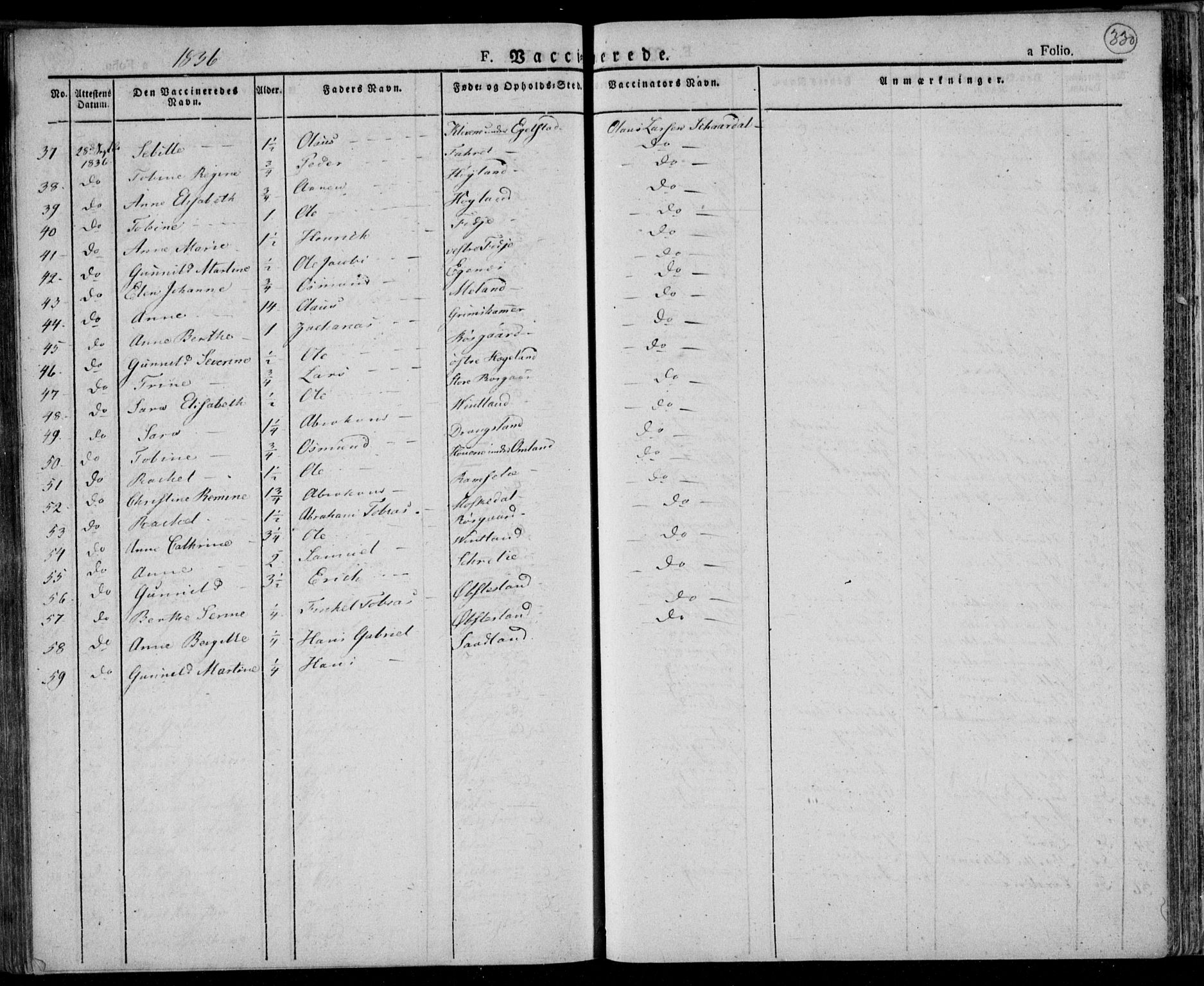 Lyngdal sokneprestkontor, SAK/1111-0029/F/Fa/Fac/L0007: Parish register (official) no. A 7, 1825-1838, p. 330