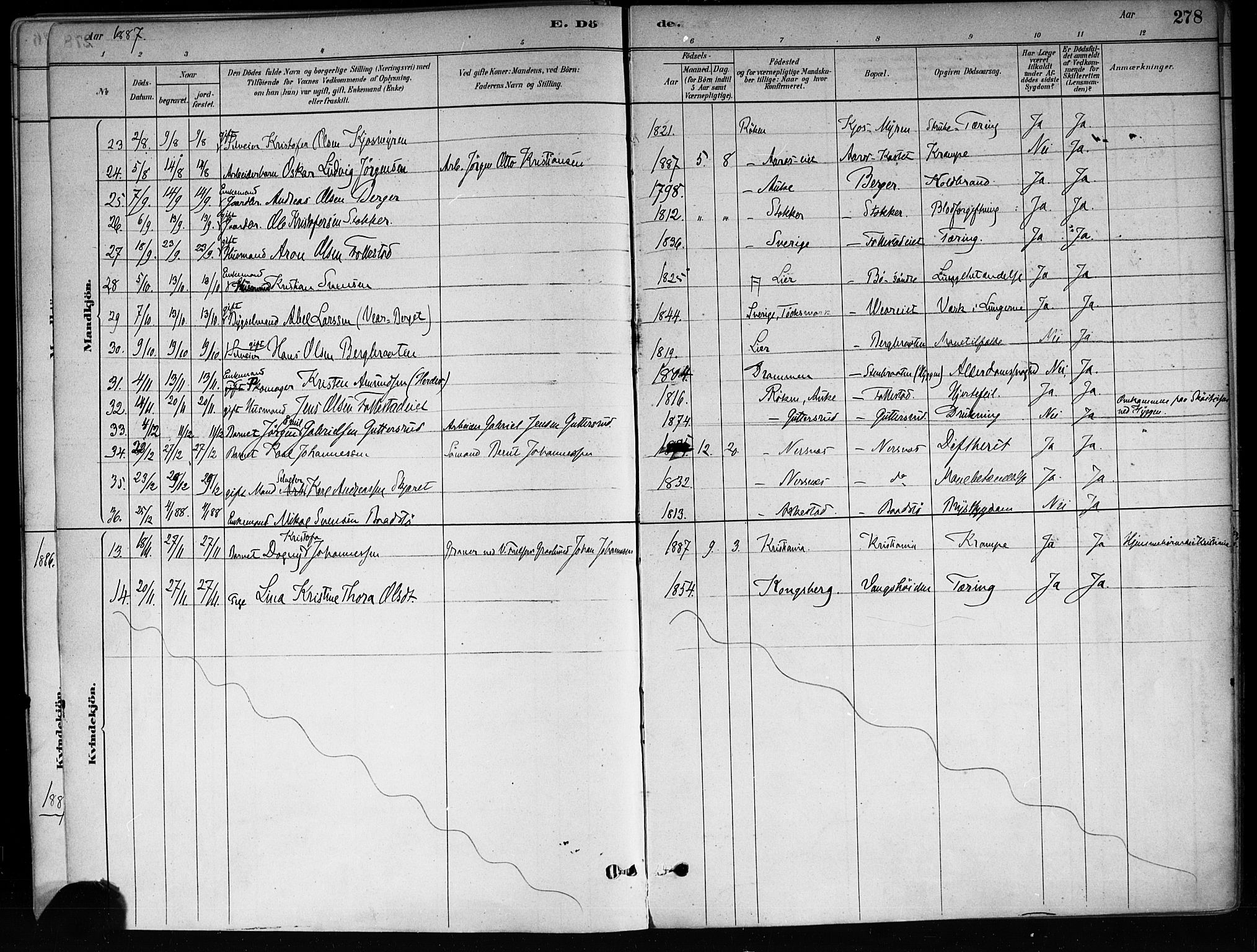 Røyken kirkebøker, SAKO/A-241/F/Fa/L0008: Parish register (official) no. 8, 1880-1897, p. 278