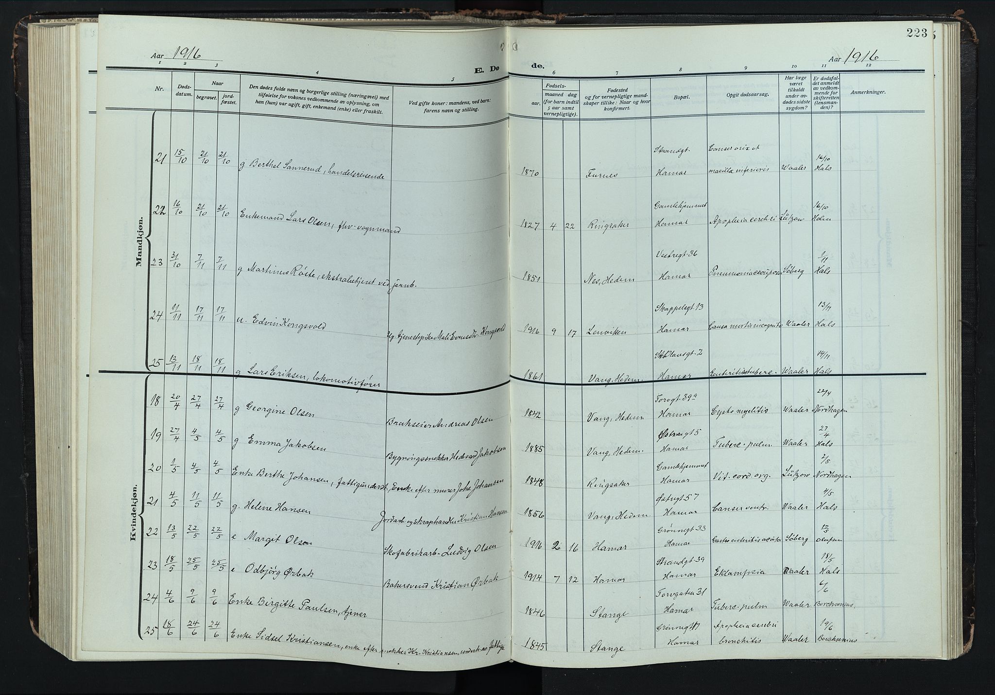 Hamar prestekontor, AV/SAH-DOMPH-002/H/Ha/Hab/L0004: Parish register (copy) no. 4, 1915-1942, p. 223