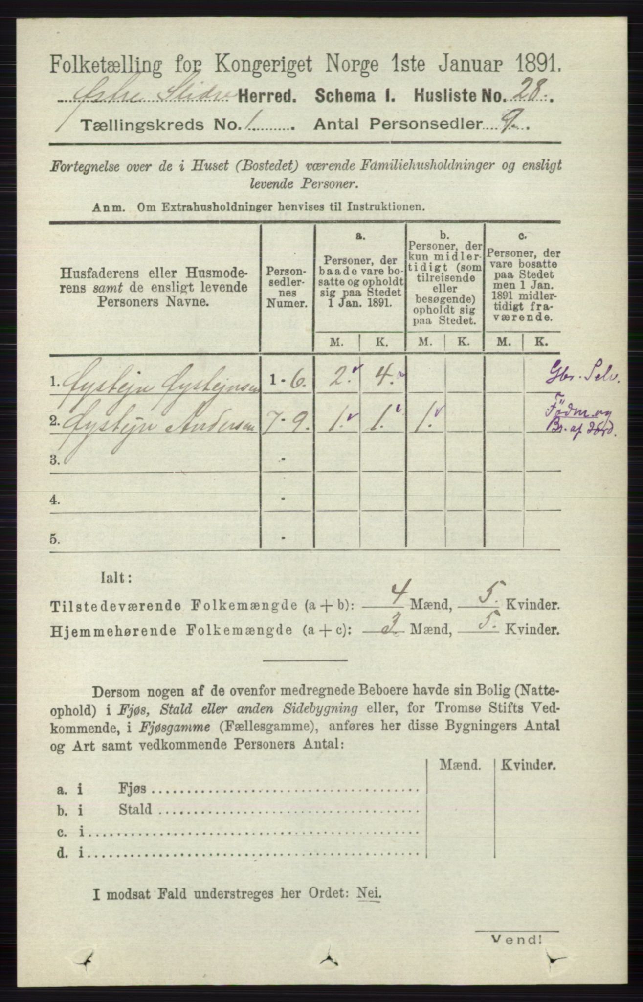 RA, 1891 census for 0544 Øystre Slidre, 1891, p. 54