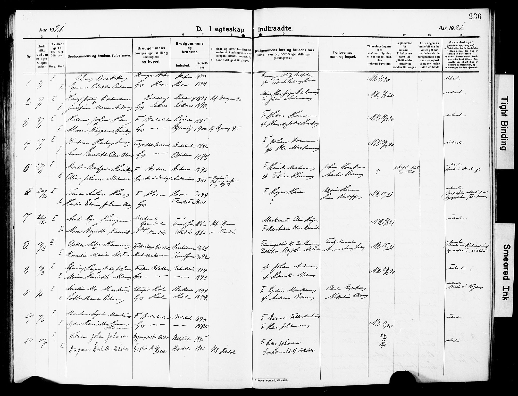 Ministerialprotokoller, klokkerbøker og fødselsregistre - Nordland, AV/SAT-A-1459/881/L1169: Parish register (copy) no. 881C06, 1912-1930, p. 236