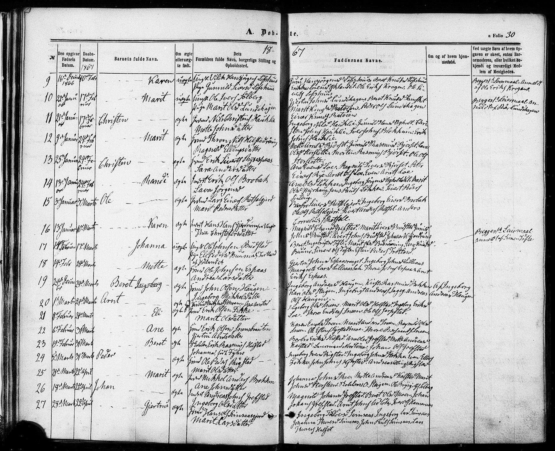 Ministerialprotokoller, klokkerbøker og fødselsregistre - Sør-Trøndelag, SAT/A-1456/672/L0856: Parish register (official) no. 672A08, 1861-1881, p. 30