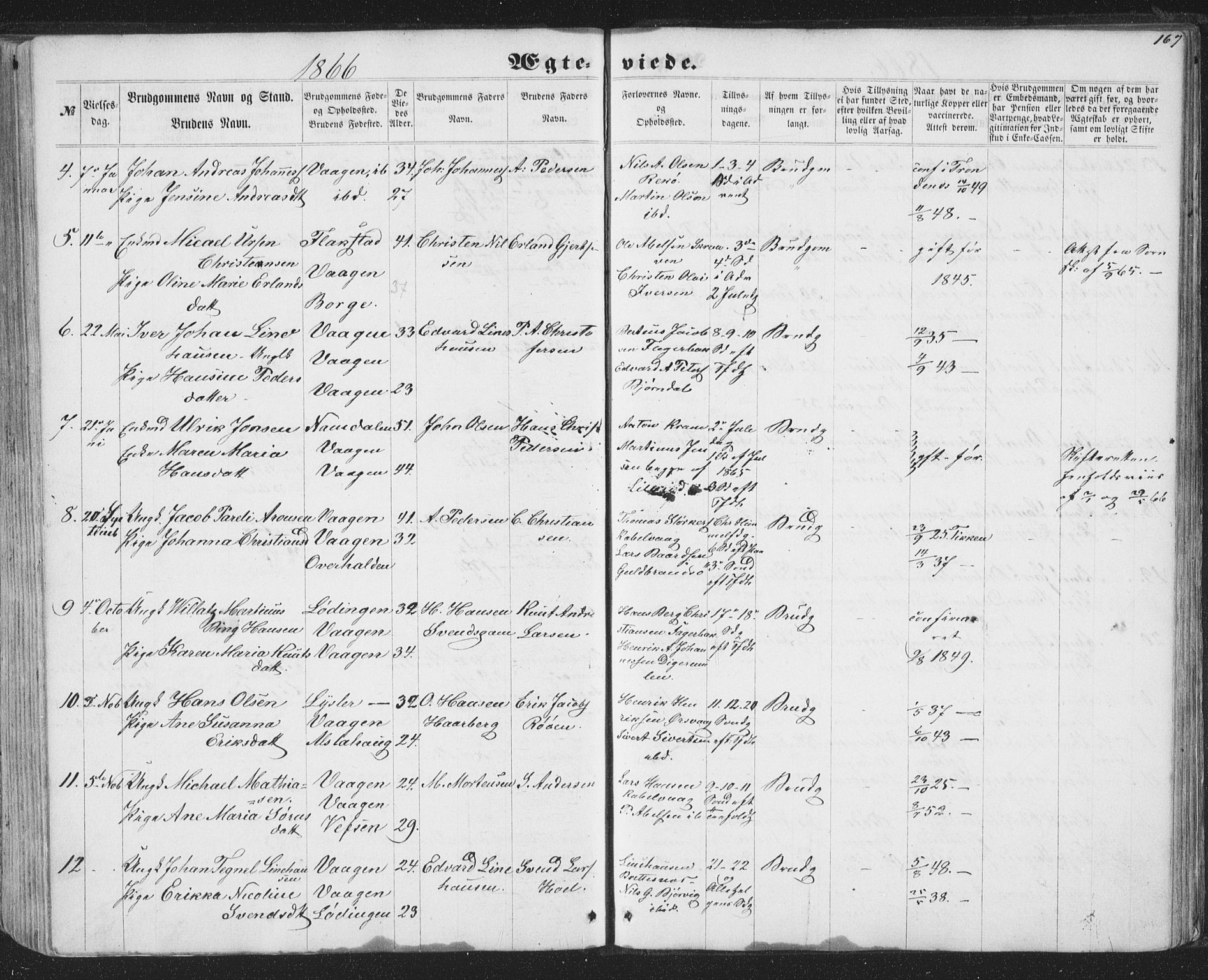 Ministerialprotokoller, klokkerbøker og fødselsregistre - Nordland, AV/SAT-A-1459/874/L1073: Parish register (copy) no. 874C02, 1860-1870, p. 167