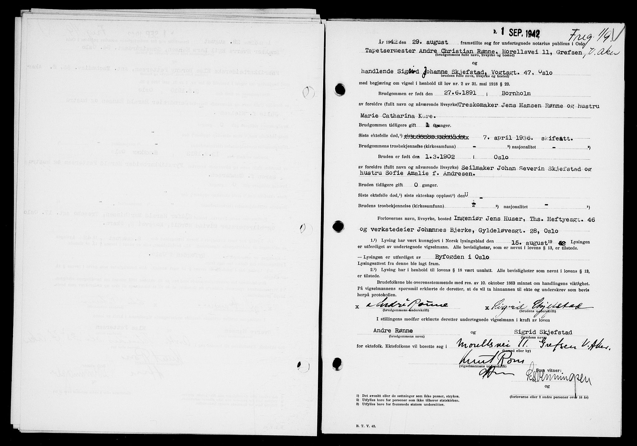 Oslo byfogd avd. I, AV/SAO-A-10220/L/Lb/Lbb/L0041: Notarialprotokoll, rekke II: Vigsler, 1942