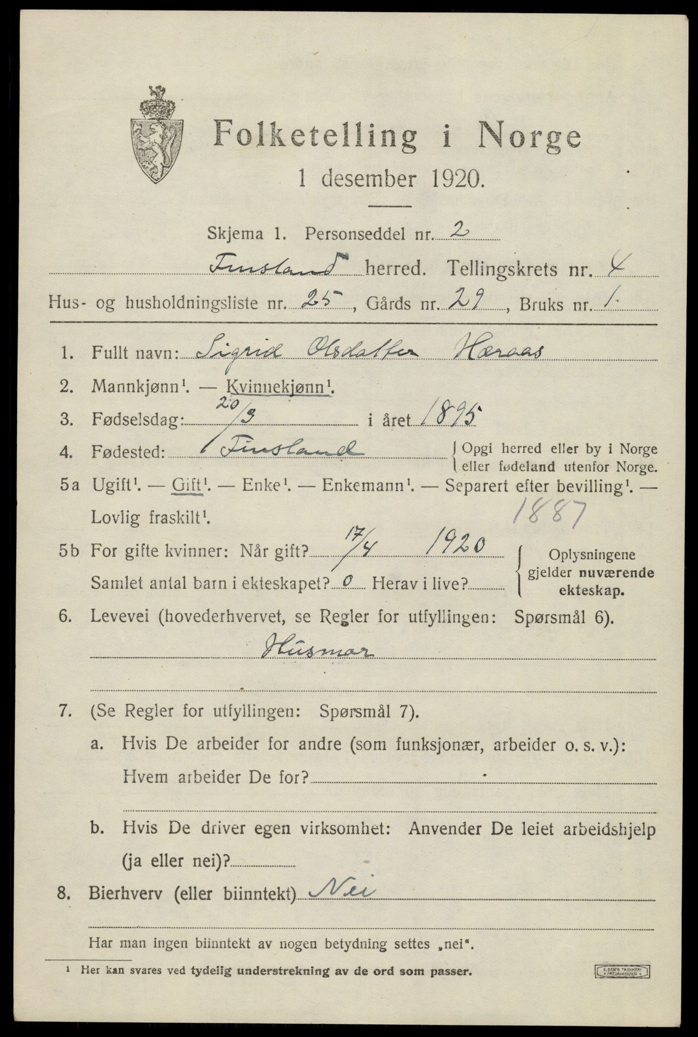 SAK, 1920 census for Finsland, 1920, p. 1812