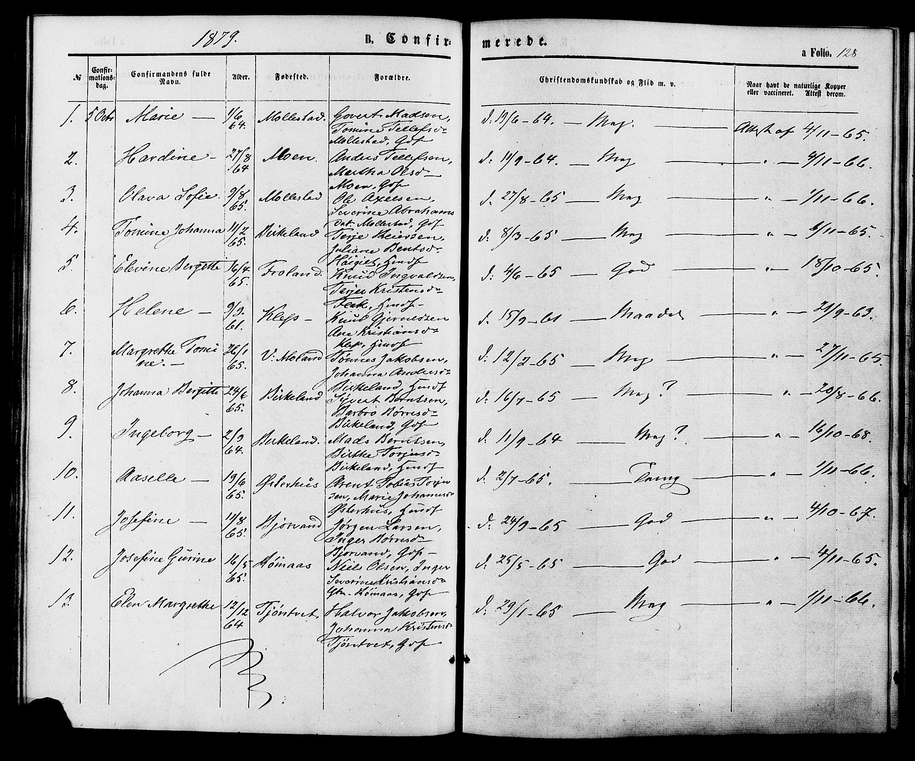 Birkenes sokneprestkontor, AV/SAK-1111-0004/F/Fa/L0004: Parish register (official) no. A 4, 1867-1886, p. 128