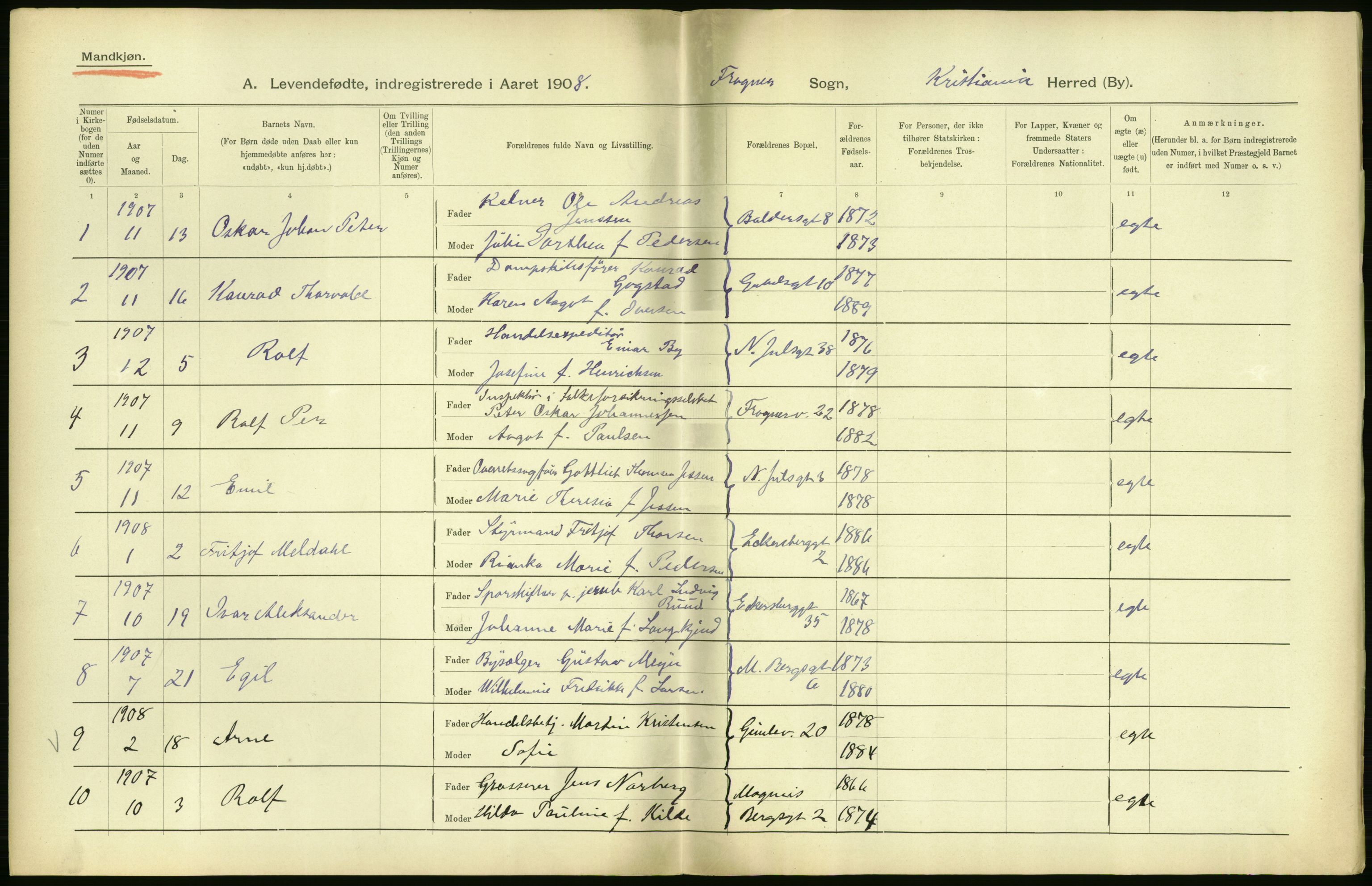 Statistisk sentralbyrå, Sosiodemografiske emner, Befolkning, AV/RA-S-2228/D/Df/Dfa/Dfaf/L0005: Kristiania: Levendefødte menn og kvinner., 1908, p. 560