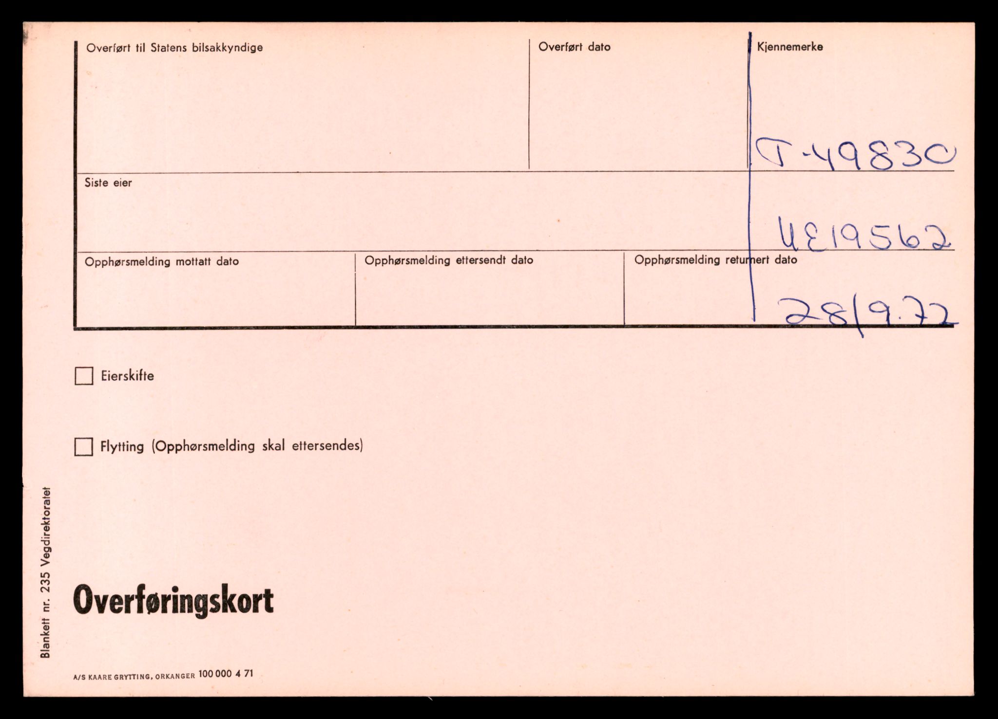 Møre og Romsdal vegkontor - Ålesund trafikkstasjon, SAT/A-4099/F/Ff/L0011: Overførings-/henvisningskort T 49830 - T 51913, 1927-1998, p. 1