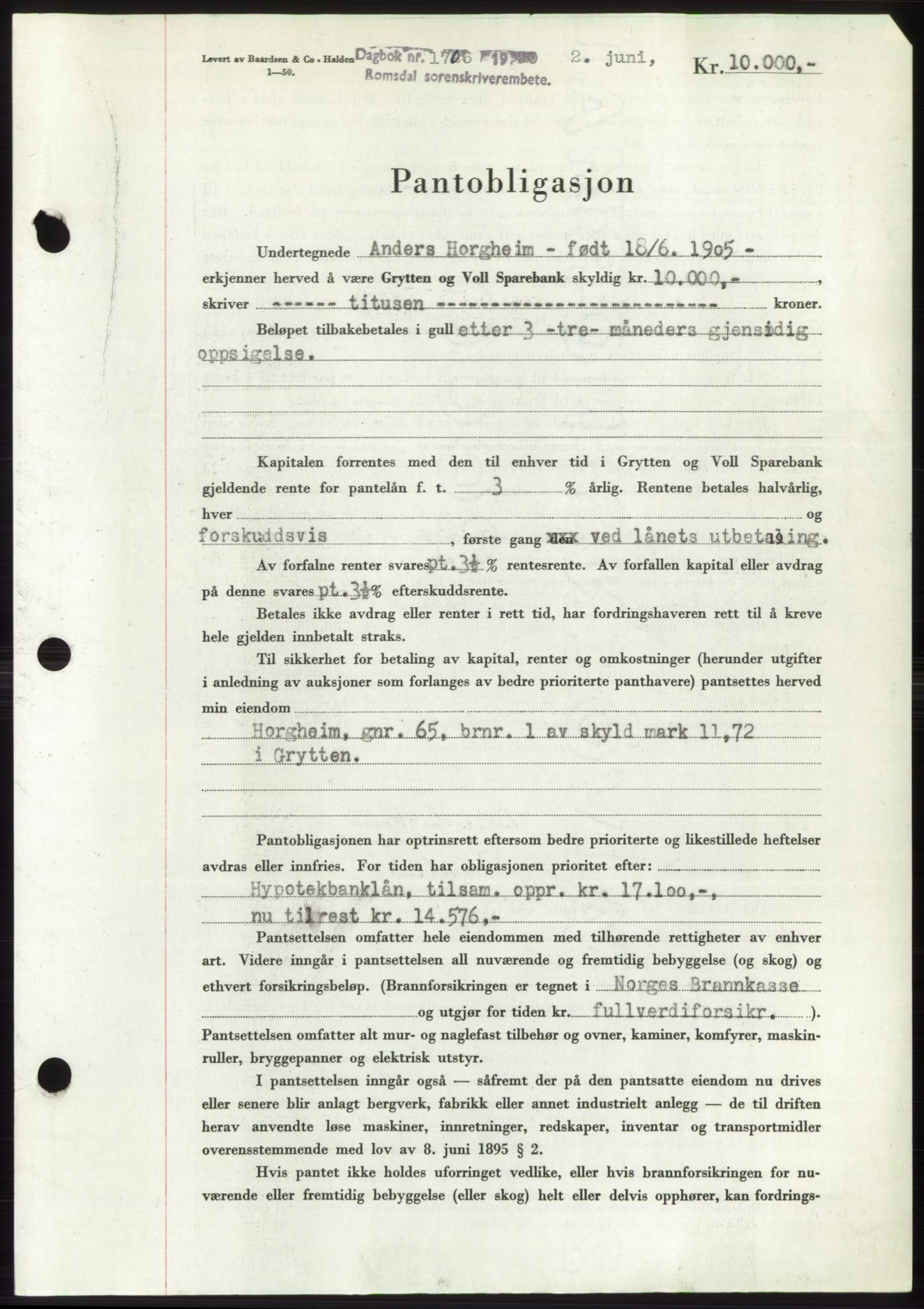 Romsdal sorenskriveri, AV/SAT-A-4149/1/2/2C: Mortgage book no. B5, 1949-1950, Diary no: : 1706/1950