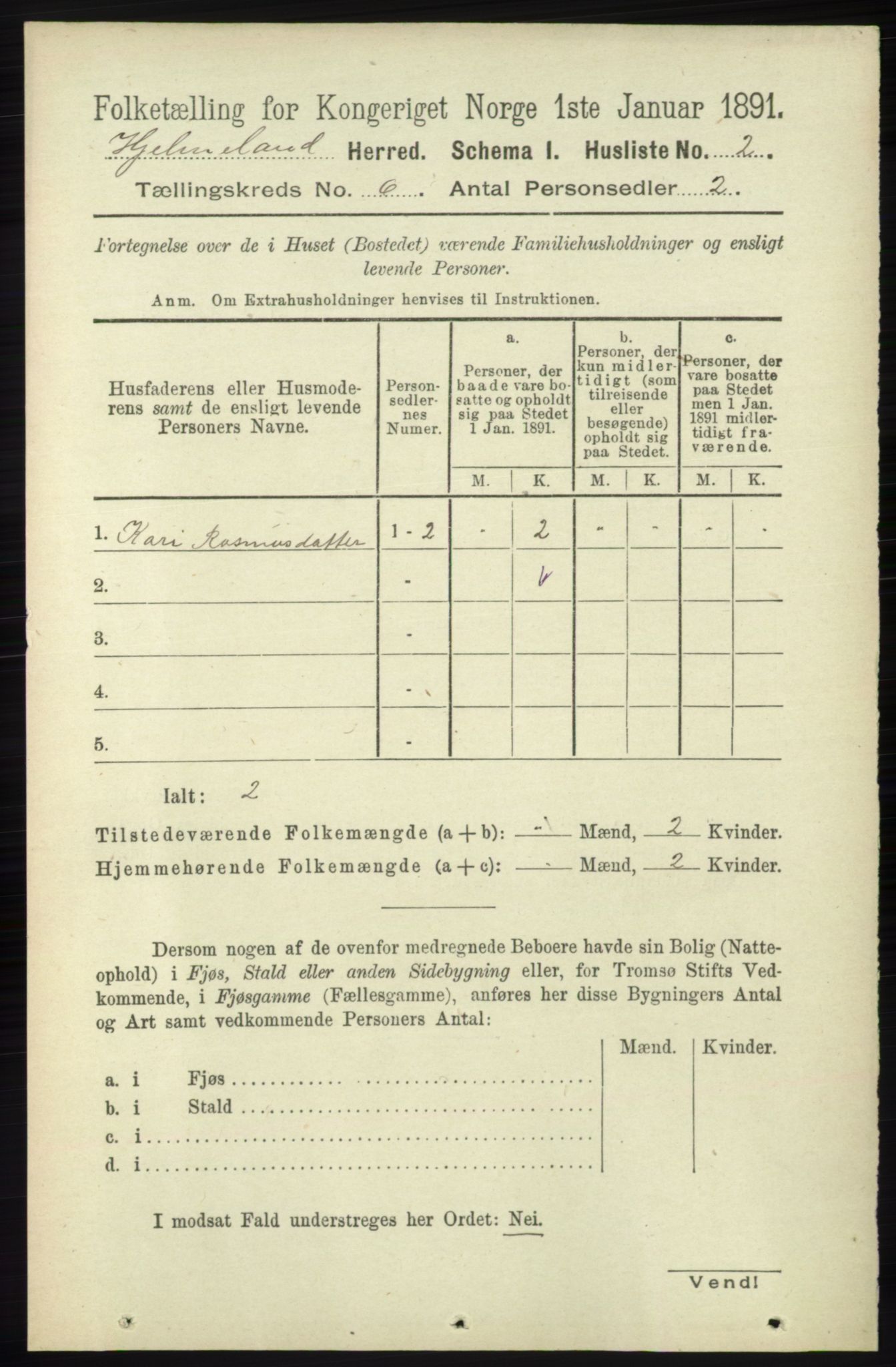 RA, 1891 census for 1133 Hjelmeland, 1891, p. 1498