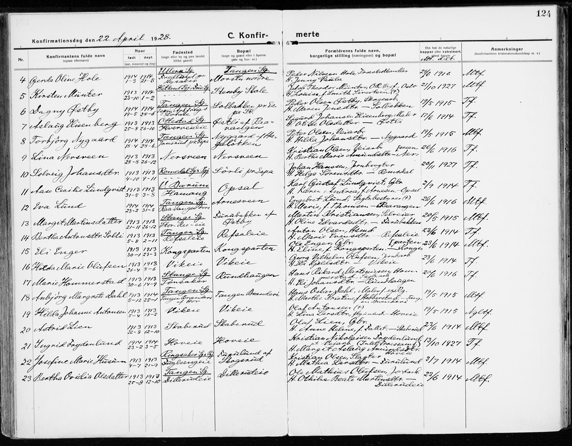 Stange prestekontor, AV/SAH-PREST-002/K/L0025: Parish register (official) no. 25, 1921-1945, p. 124