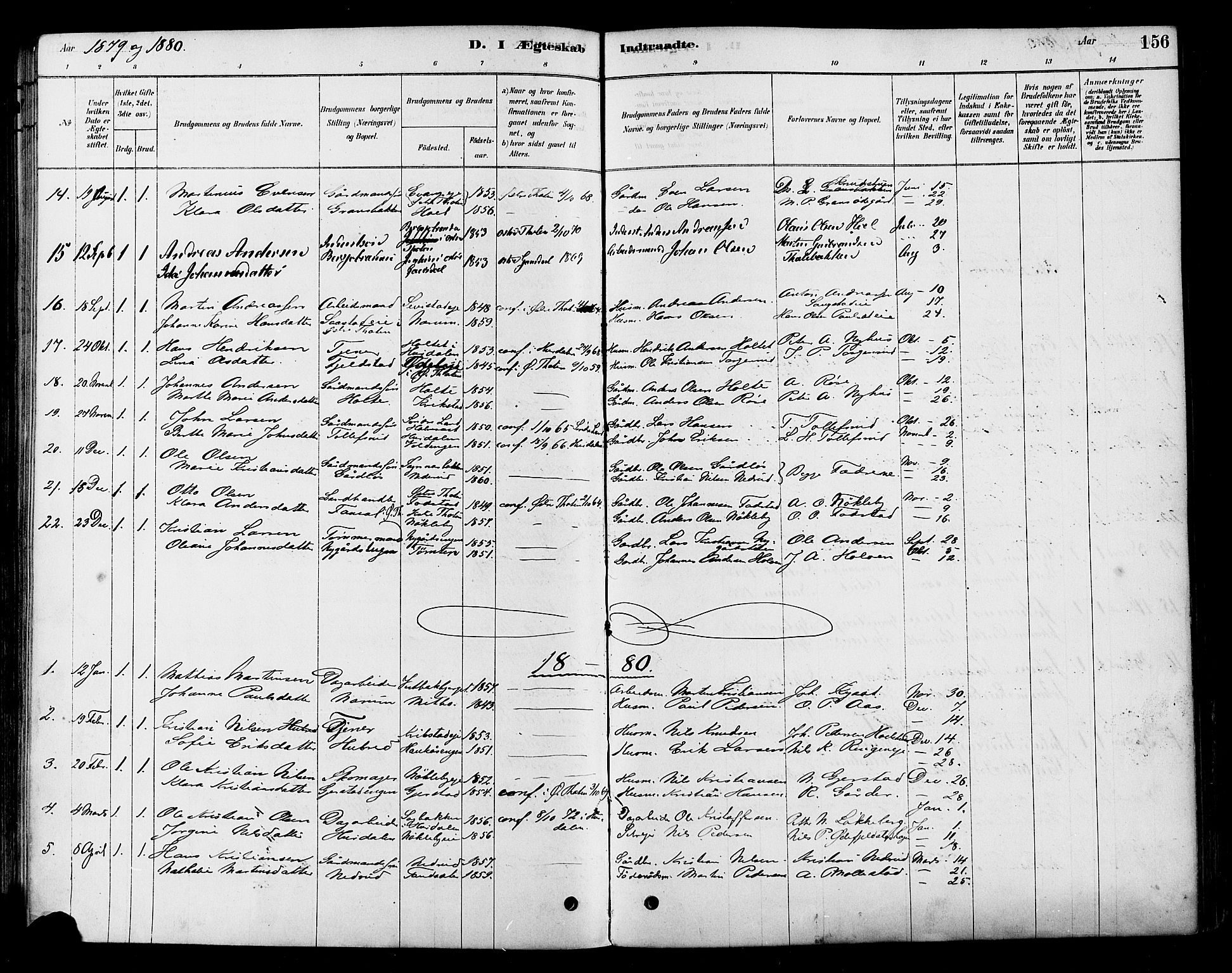 Vestre Toten prestekontor, SAH/PREST-108/H/Ha/Haa/L0010: Parish register (official) no. 10, 1878-1894, p. 156
