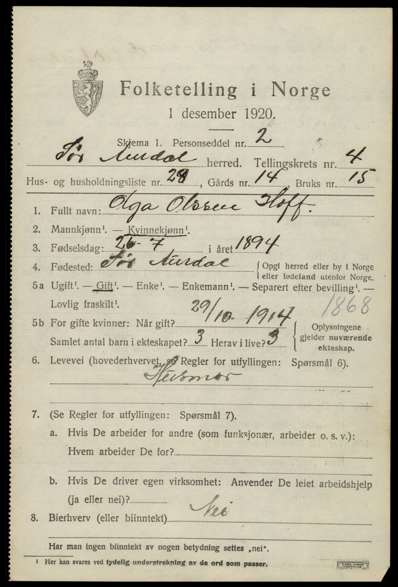 SAH, 1920 census for Sør-Aurdal, 1920, p. 2641