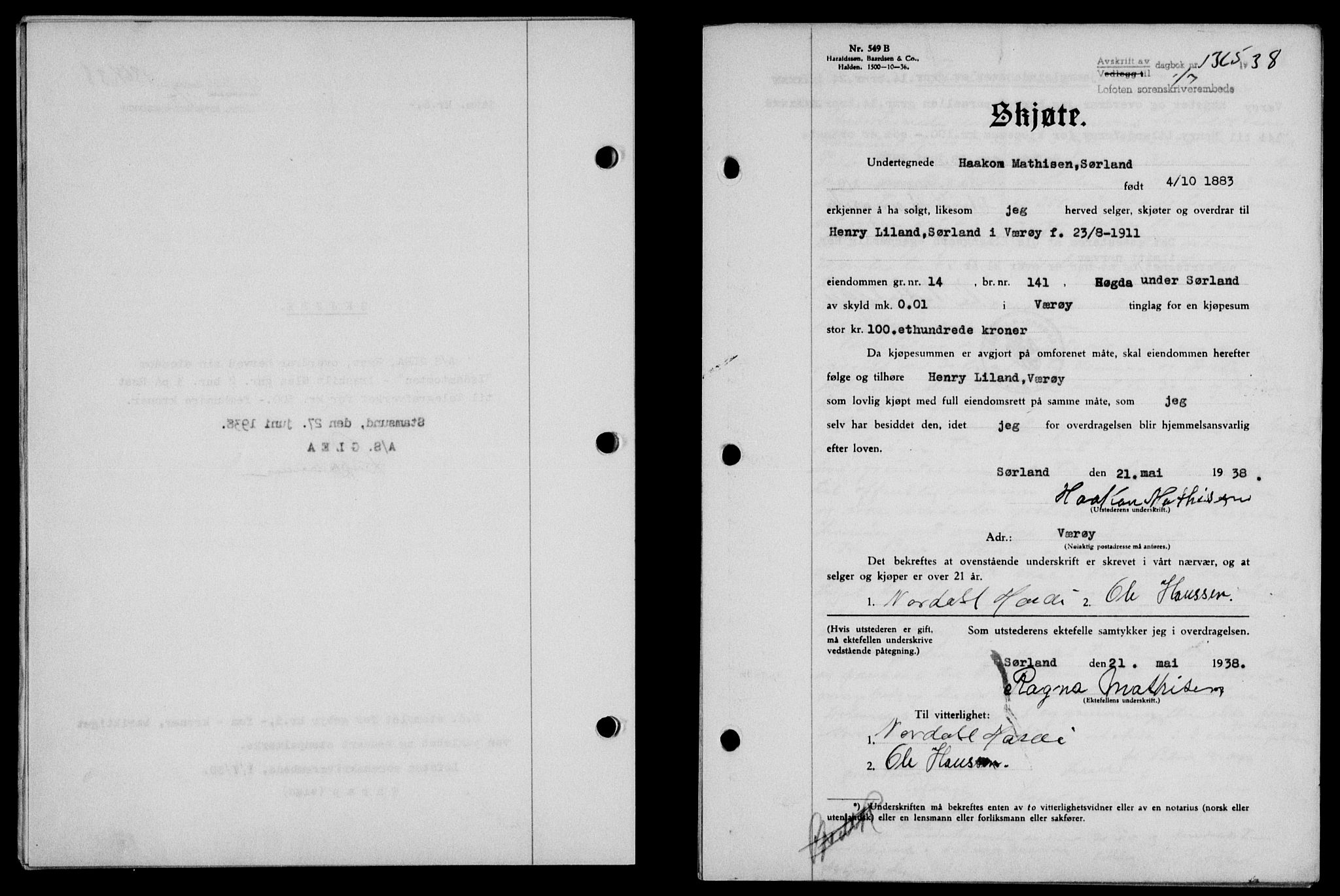 Lofoten sorenskriveri, SAT/A-0017/1/2/2C/L0004a: Mortgage book no. 4a, 1938-1938, Diary no: : 1365/1938