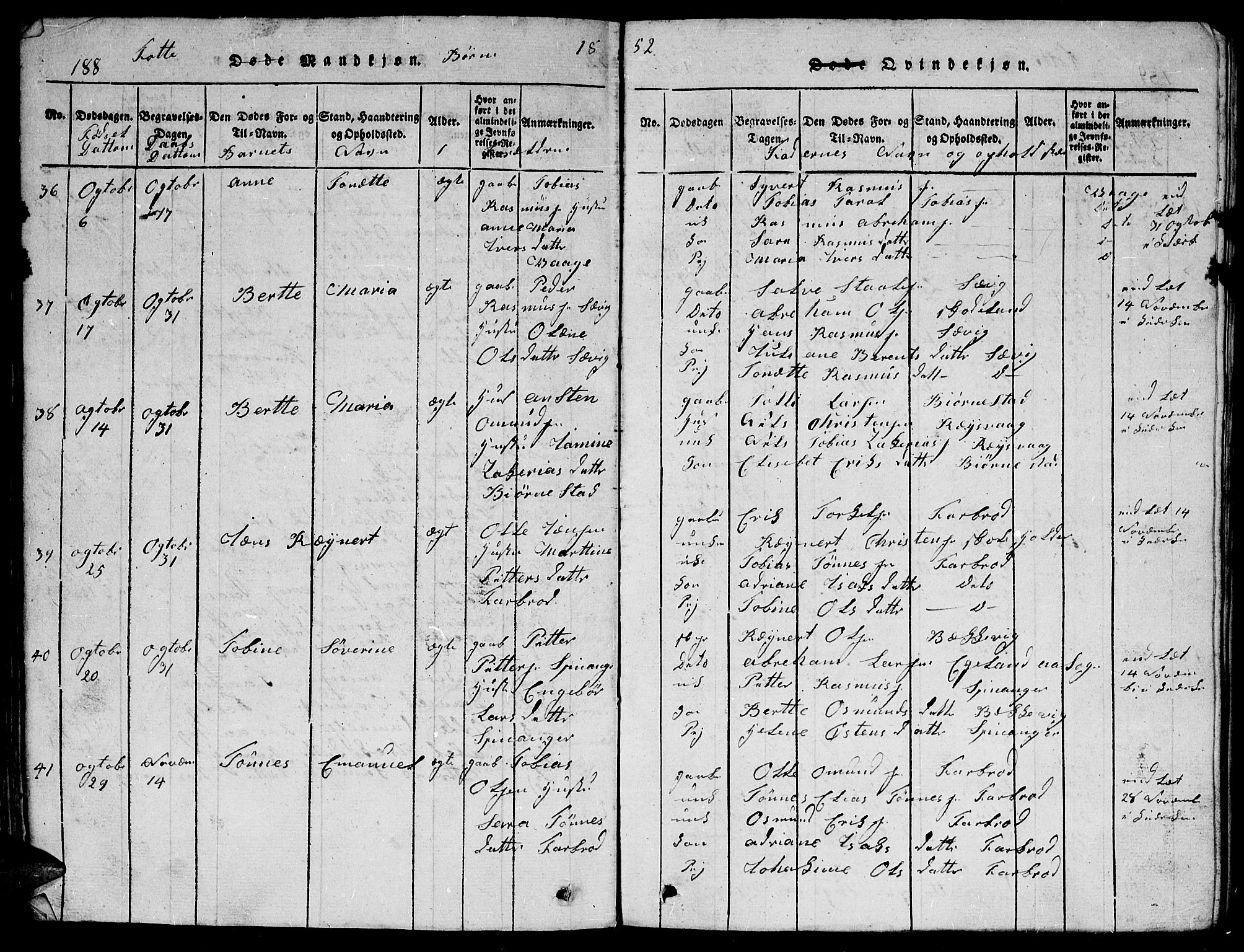 Herad sokneprestkontor, SAK/1111-0018/F/Fb/Fbb/L0001: Parish register (copy) no. B 1, 1815-1852, p. 188