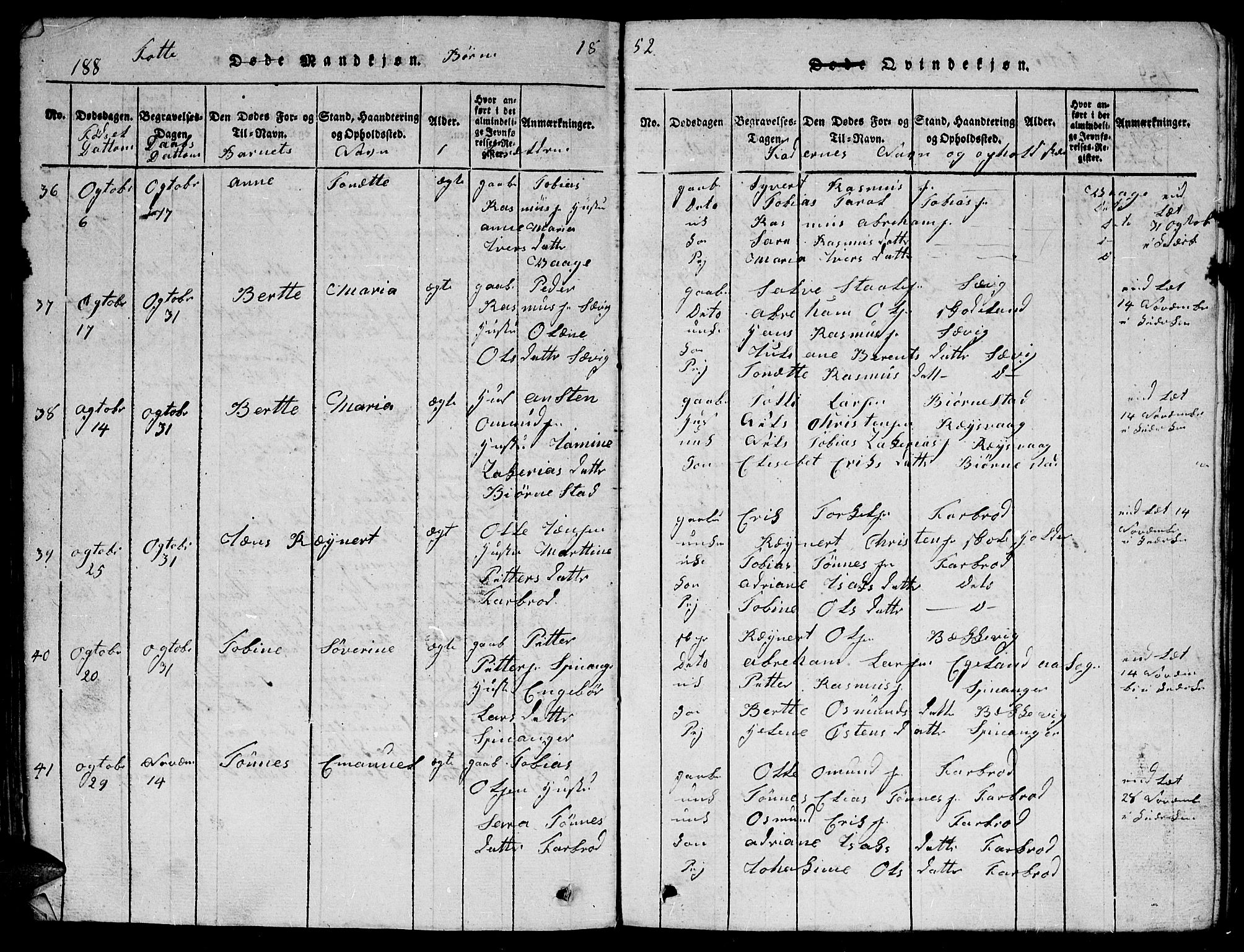 Herad sokneprestkontor, AV/SAK-1111-0018/F/Fb/Fbb/L0001: Parish register (copy) no. B 1, 1815-1852, p. 188