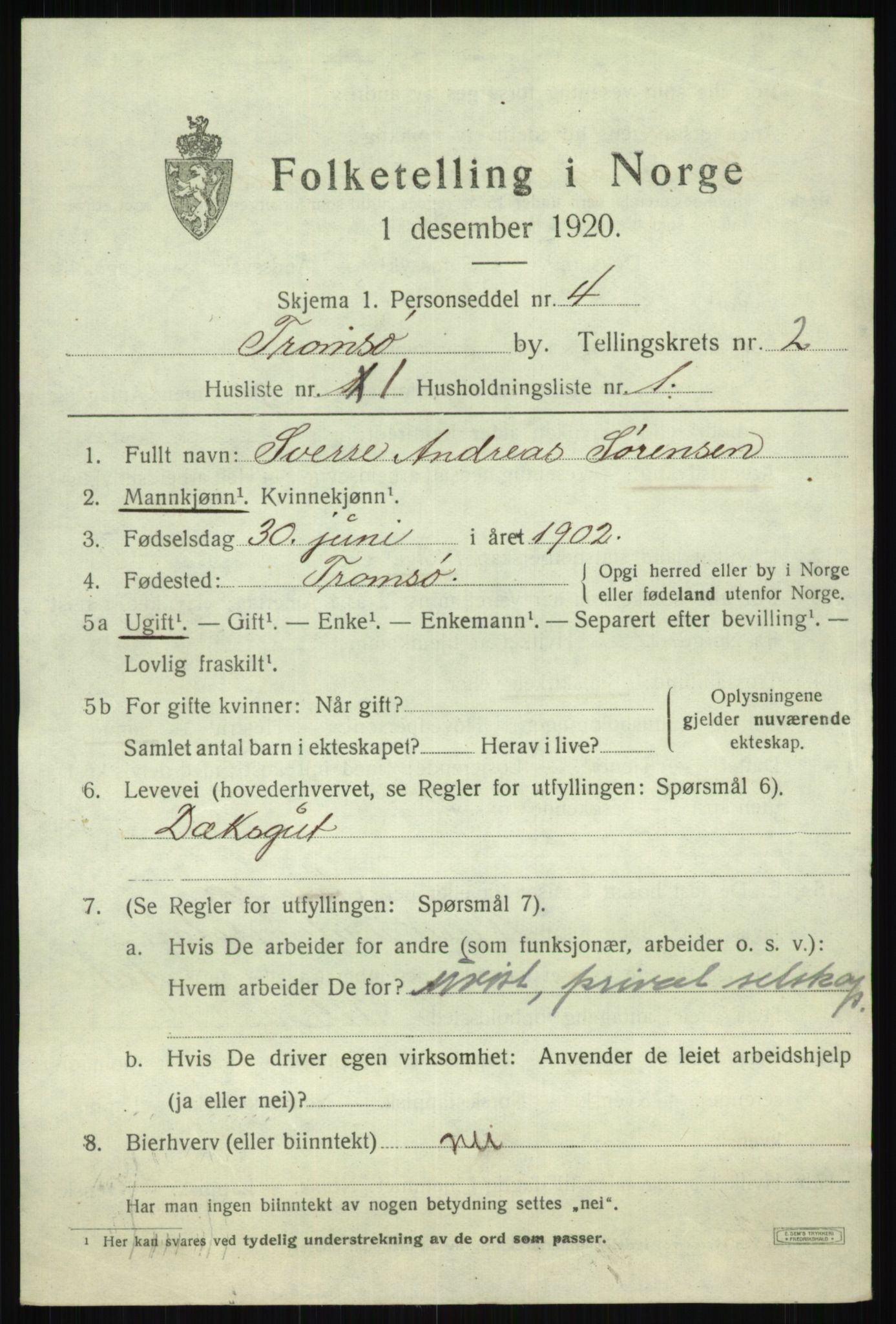 SATØ, 1920 census for Tromsø, 1920, p. 8738