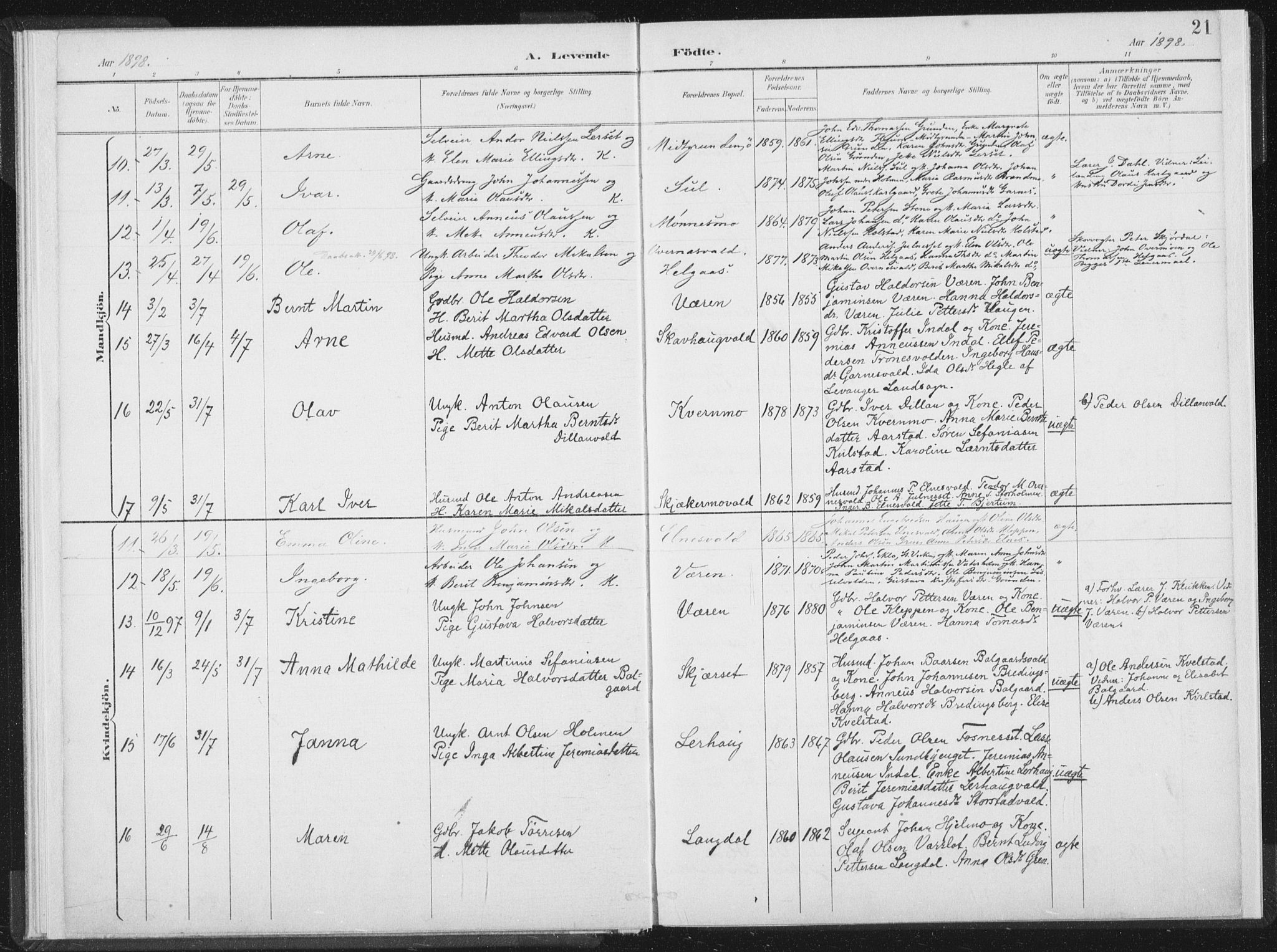 Ministerialprotokoller, klokkerbøker og fødselsregistre - Nord-Trøndelag, SAT/A-1458/724/L0263: Parish register (official) no. 724A01, 1891-1907, p. 21