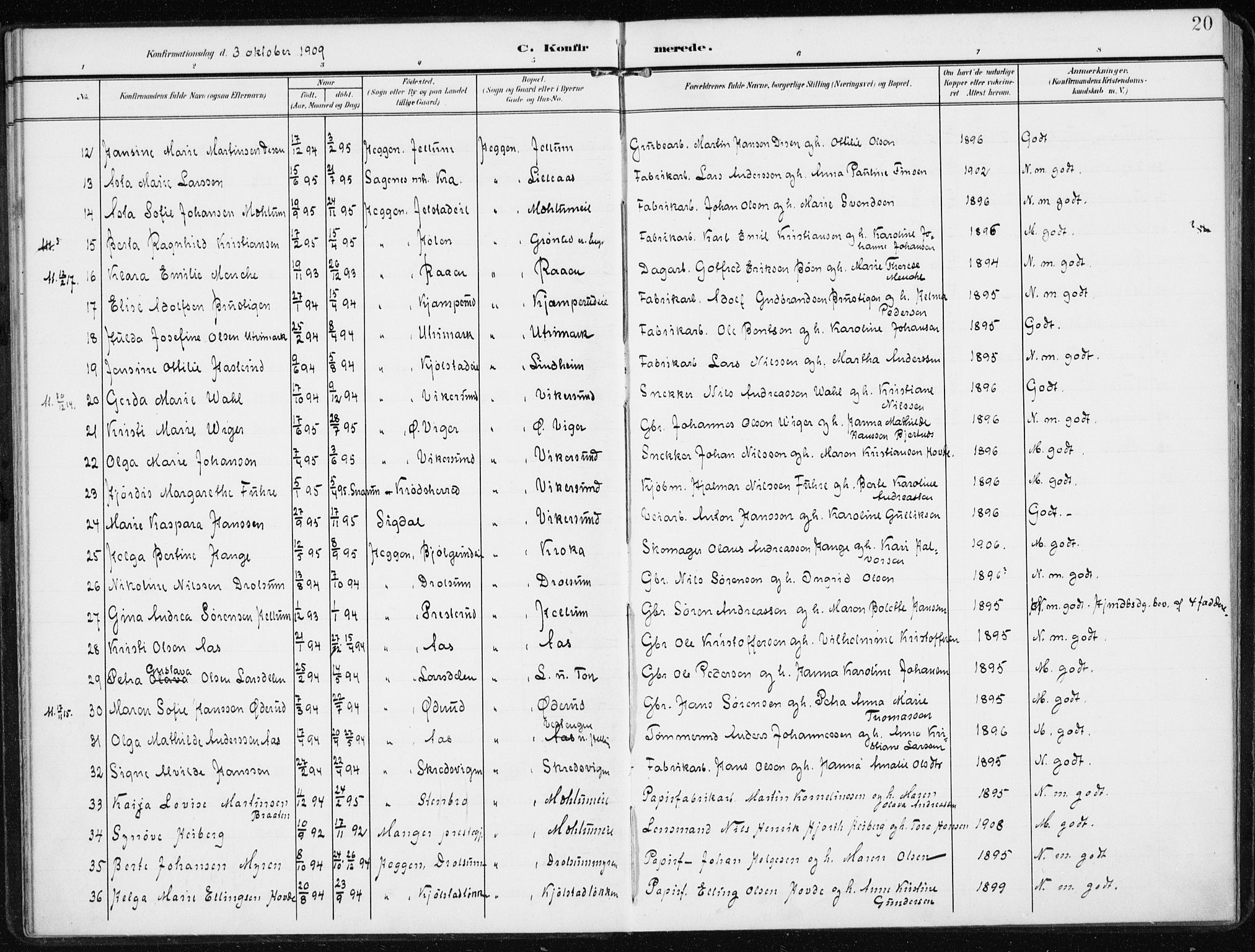 Modum kirkebøker, SAKO/A-234/F/Fa/L0014b: Parish register (official) no. 14B, 1906-1917, p. 20