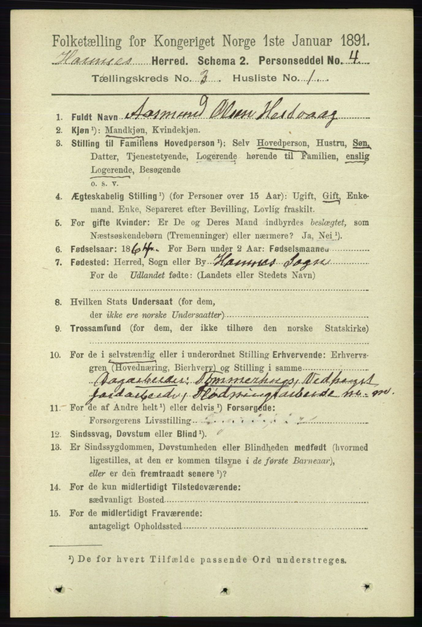 RA, 1891 census for 0936 Hornnes, 1891, p. 546