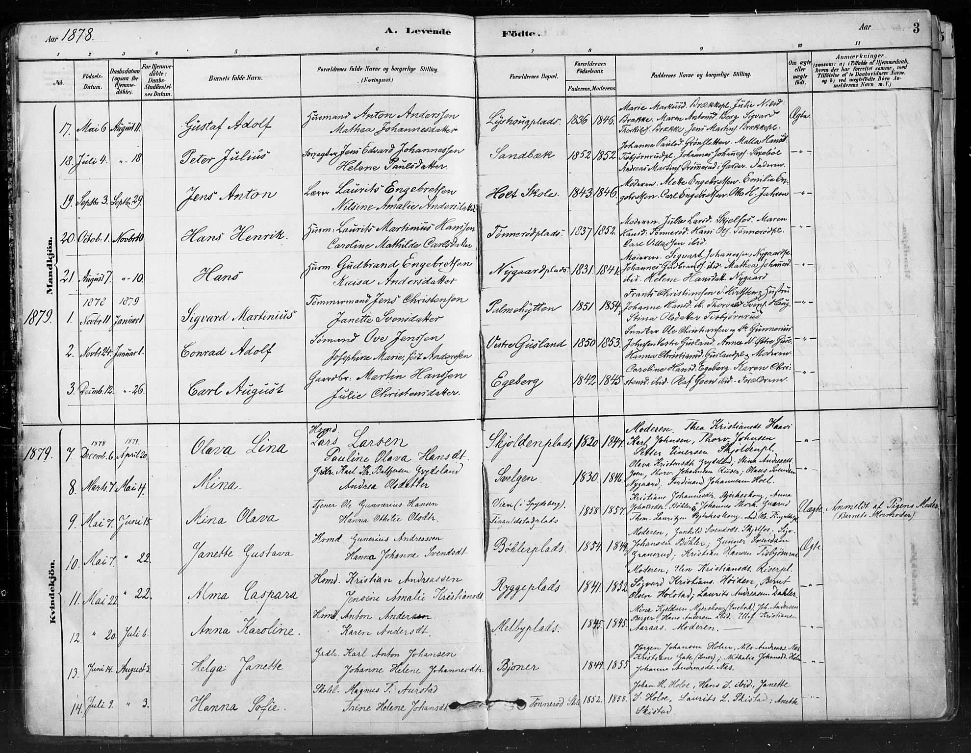 Hobøl prestekontor Kirkebøker, AV/SAO-A-2002/F/Fa/L0005: Parish register (official) no. I 5, 1878-1904, p. 3