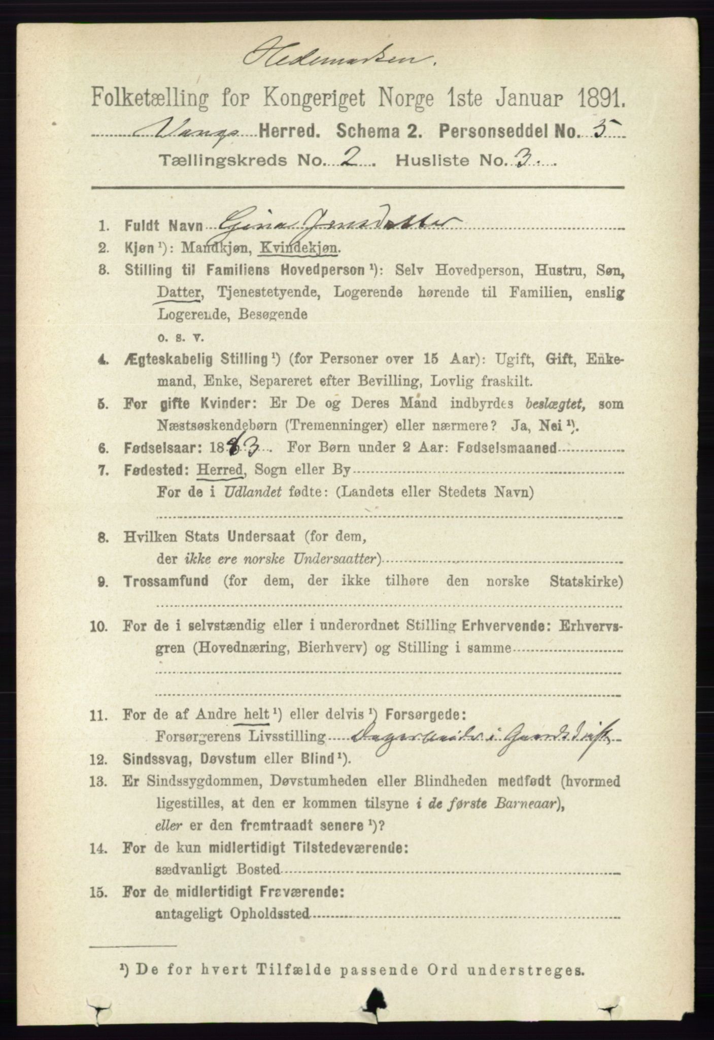 RA, 1891 census for 0414 Vang, 1891, p. 1053