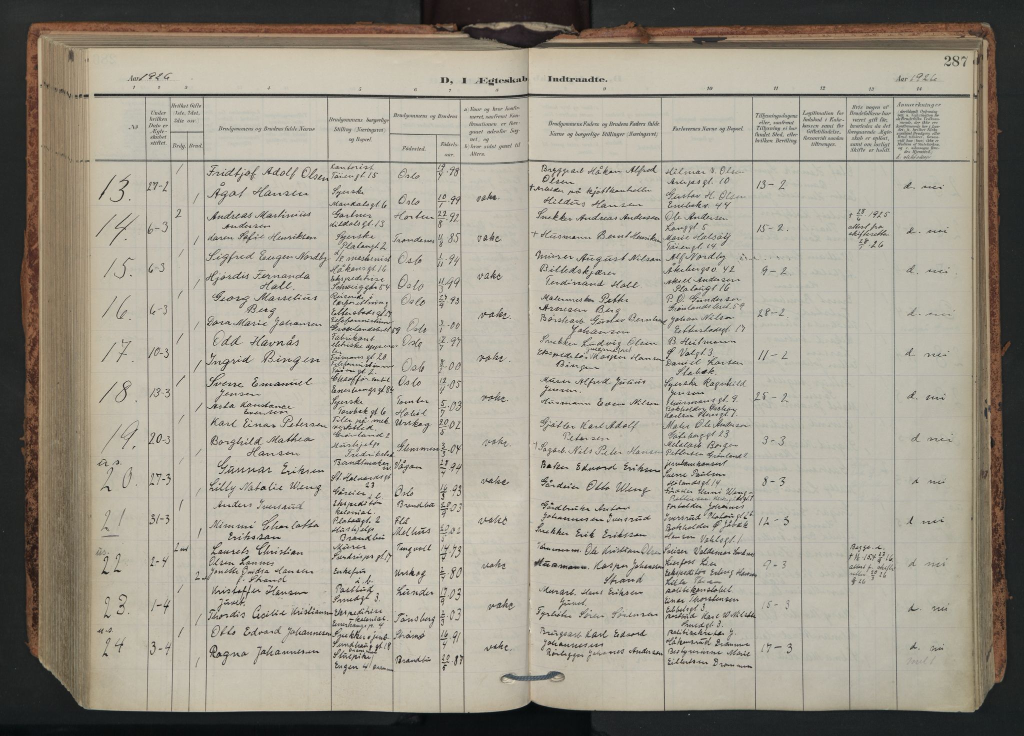 Grønland prestekontor Kirkebøker, AV/SAO-A-10848/F/Fa/L0017: Parish register (official) no. 17, 1906-1934, p. 287