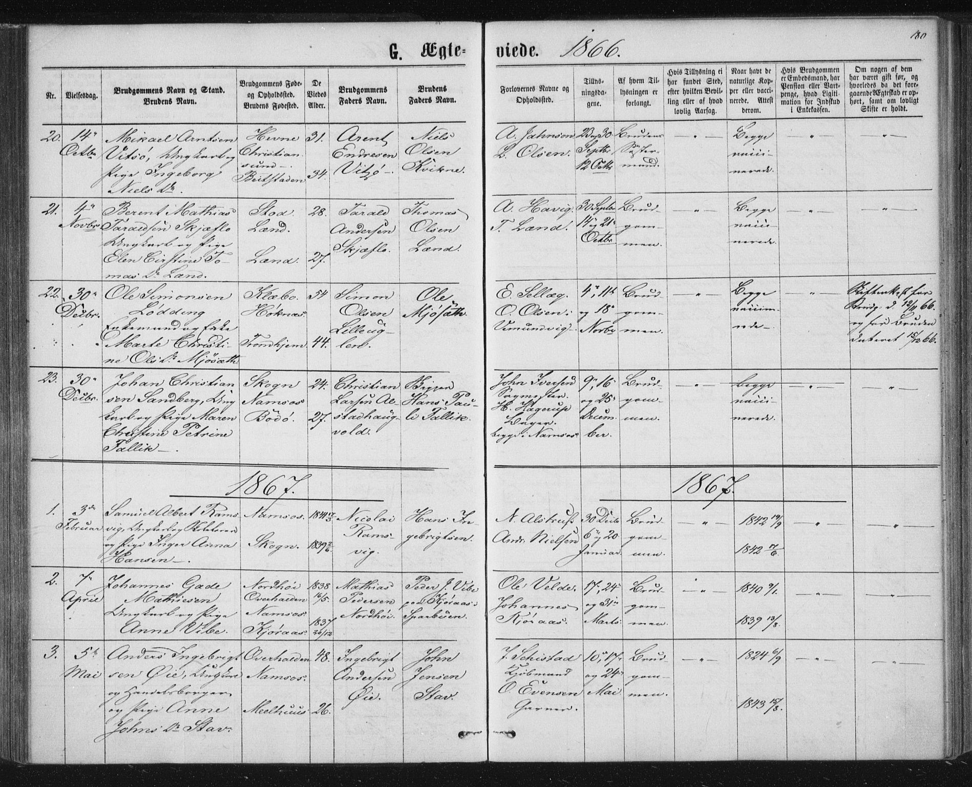 Ministerialprotokoller, klokkerbøker og fødselsregistre - Nord-Trøndelag, SAT/A-1458/768/L0570: Parish register (official) no. 768A05, 1865-1874, p. 180