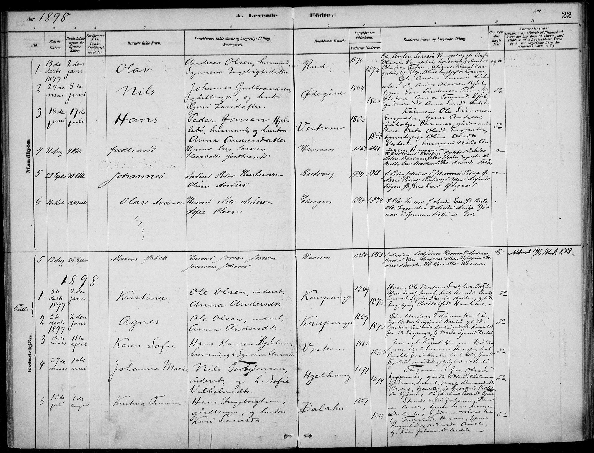 Sogndal sokneprestembete, SAB/A-81301/H/Haa/Haad/L0001: Parish register (official) no. D  1, 1878-1907, p. 22