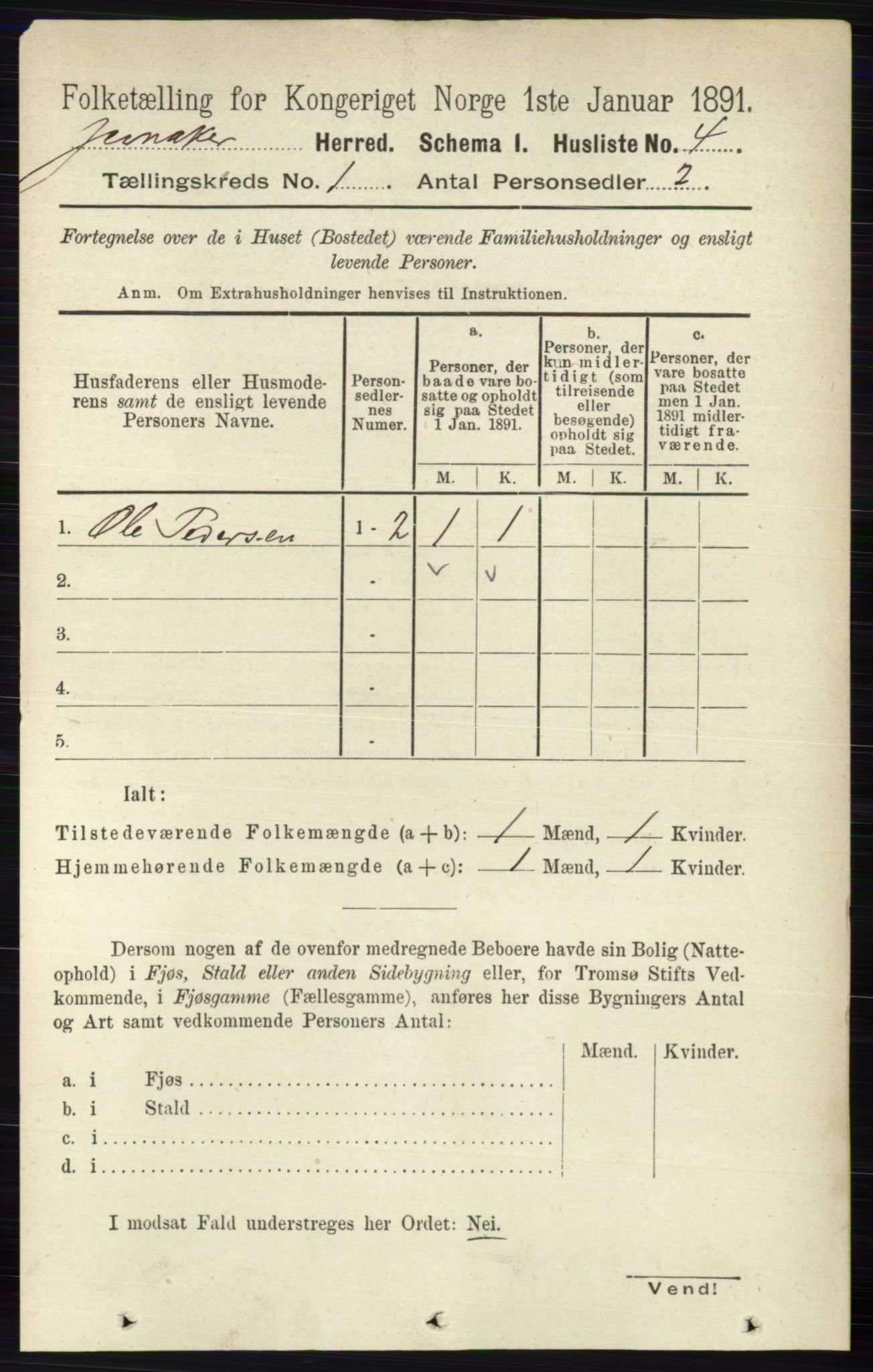 RA, 1891 census for 0532 Jevnaker, 1891, p. 37